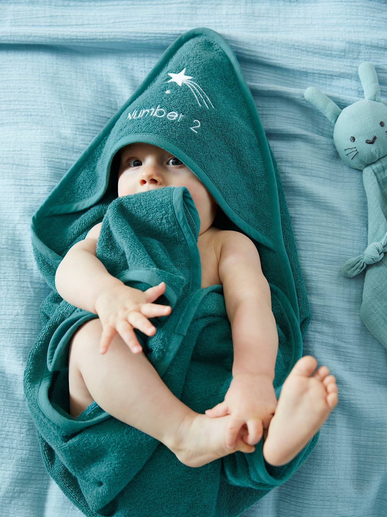 Vertbaudet Baby Kapuzenbadetuch & Waschhandschuh Oeko-Tex, personalisierbar - blau