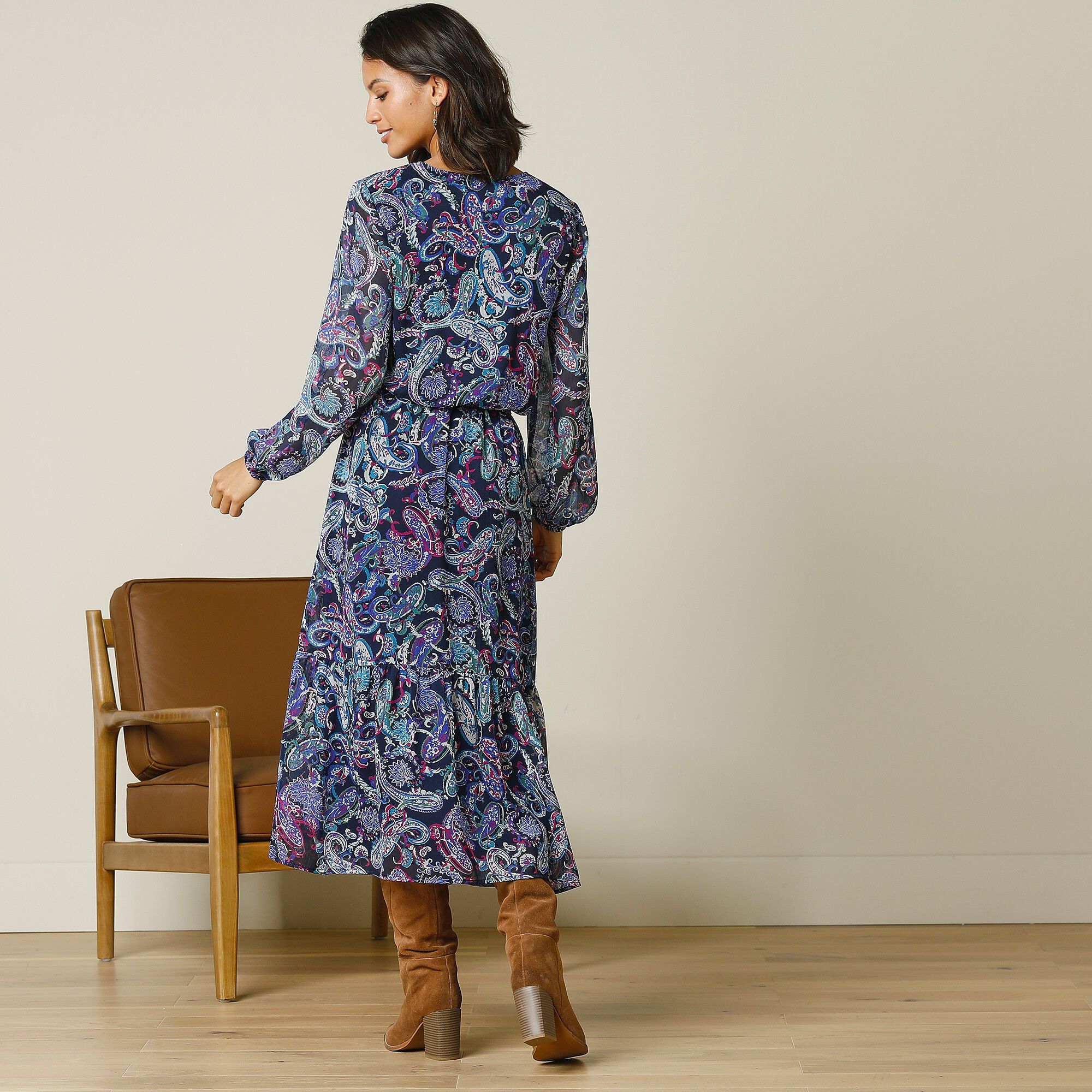 Robe mi-longue en voile imprimé cachemire