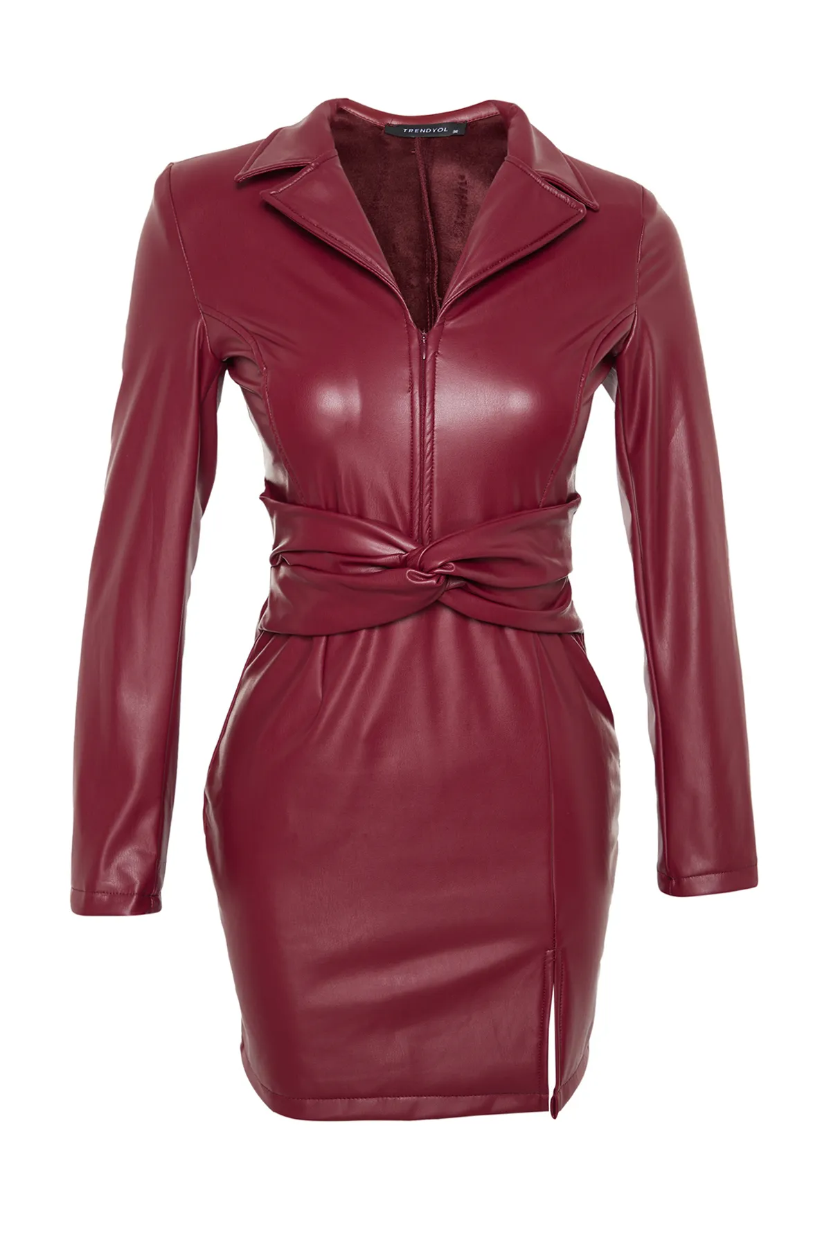 Trendyol Collection  Burgunderfarbenes Kleid aus gewebtem Kunstleder mit Schlitz und Taillendetail TWOAW22EL0554