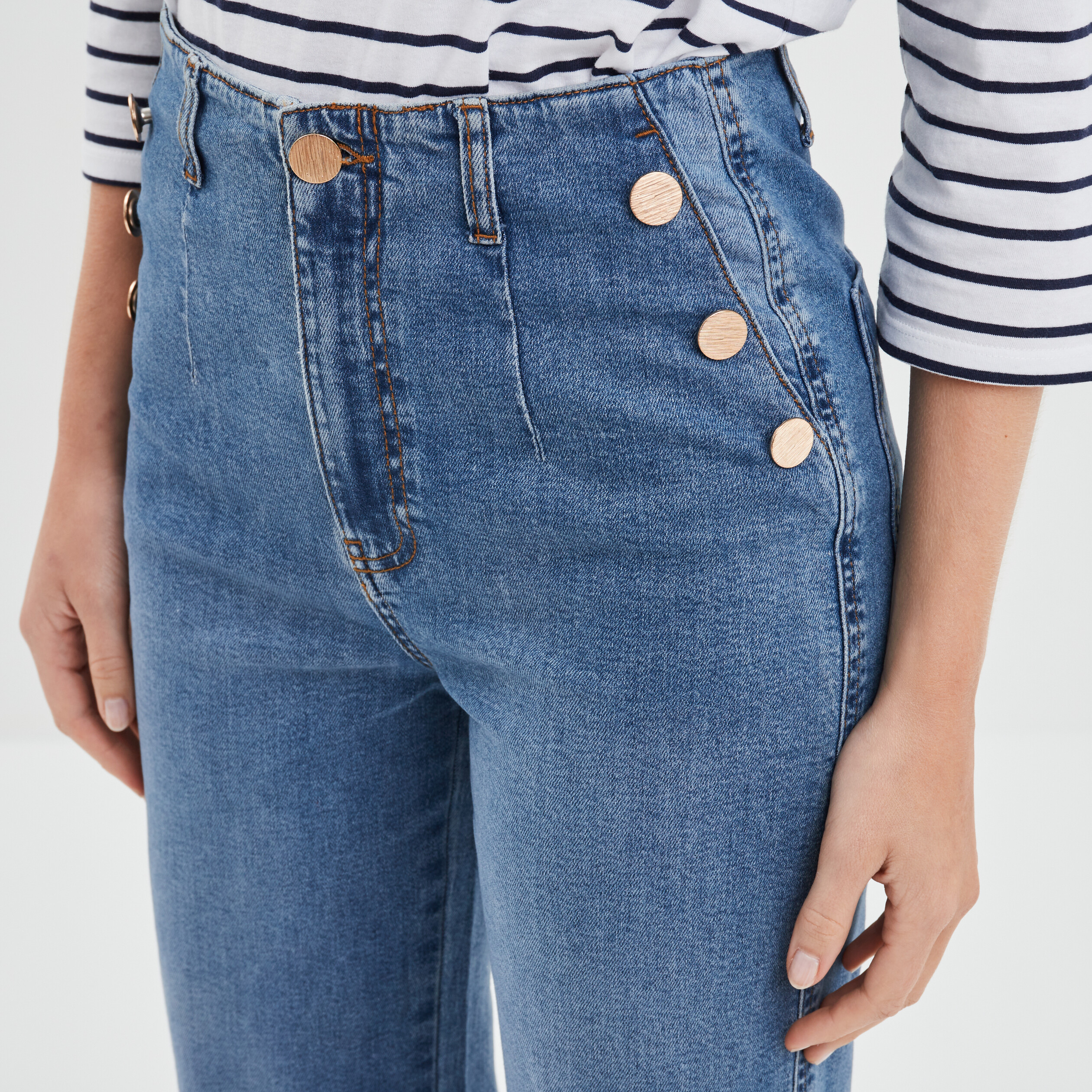 Jeans jambe large à ponts 7 8ème denim double stone femme | La Halle