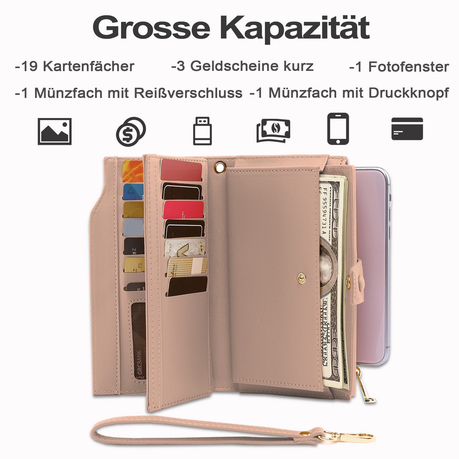 TAN.TOMI Geldbörse Portemonnaie Damen, Geldbörse für Frauen mit Lanyard (Brieftasche), Geldbörse aus hochwertigem Kunstleder