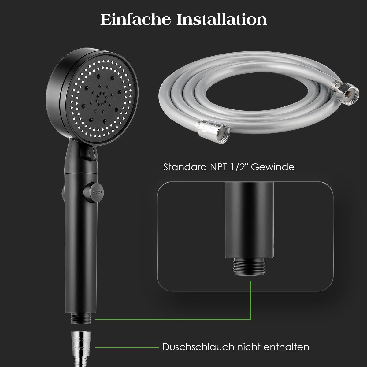 oyajia Handbrause Hochdruck Duschkopf Handbrause Sparduschkopf 5 Strahl Einstellungen, Handbrause Mit Wasserstopp-Taste, Mit Brauseschlauch 1.5m