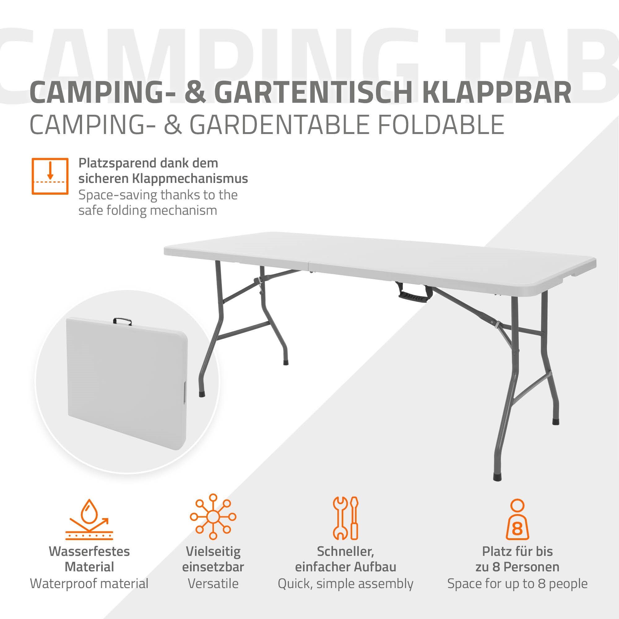 ML-DESIGN Klapptisch Campingtisch Buffettisch Partytisch Koffertisch Flohmarkttisch, Weiß 180x74cm Kunststoff mit Tragegriff für Garten Terrasse Balkon
