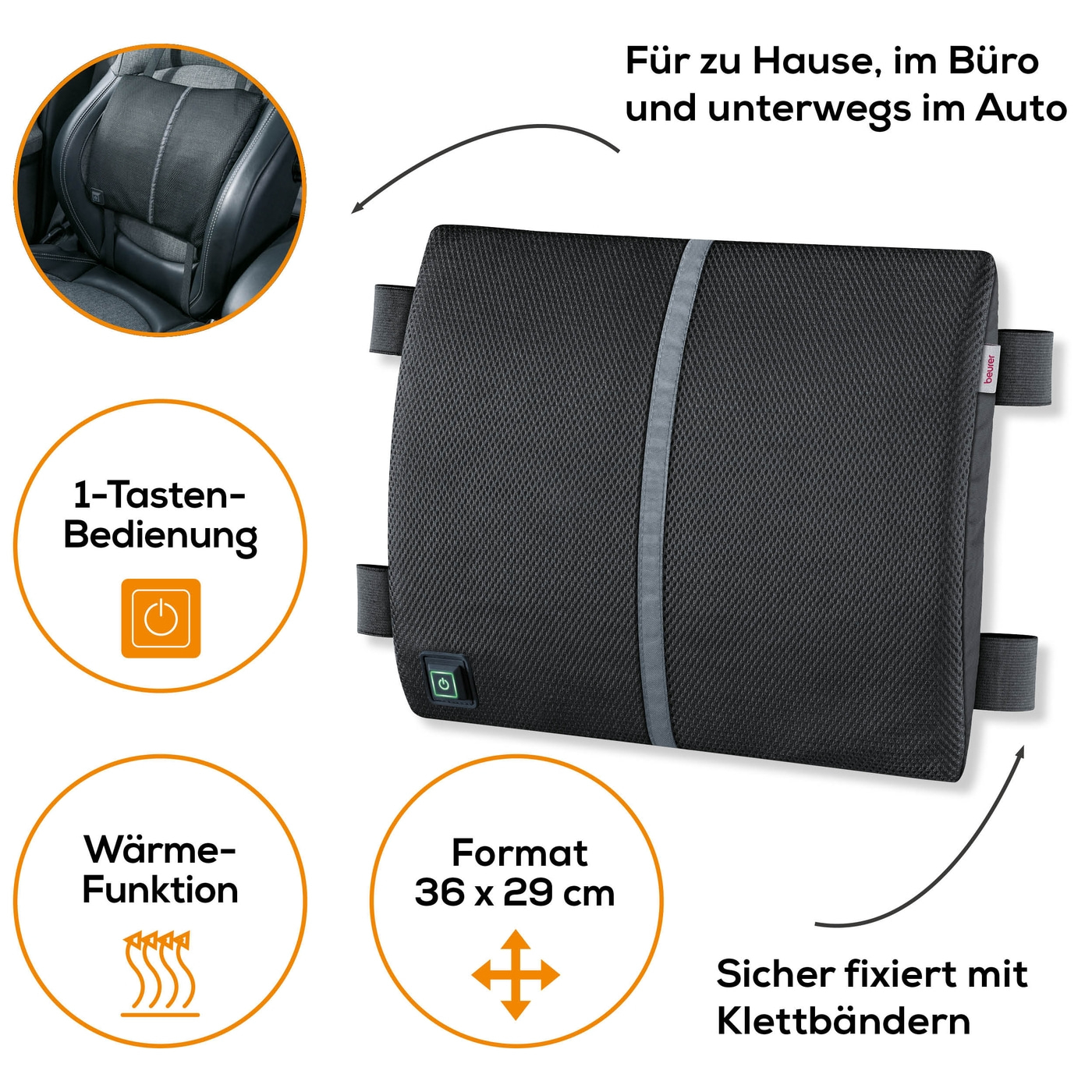 Beurer Heizkissen mit Rückenstütze HK 70-Ergonomische Rückenstütze mit Wärme & praktischer Sitzbefestigung