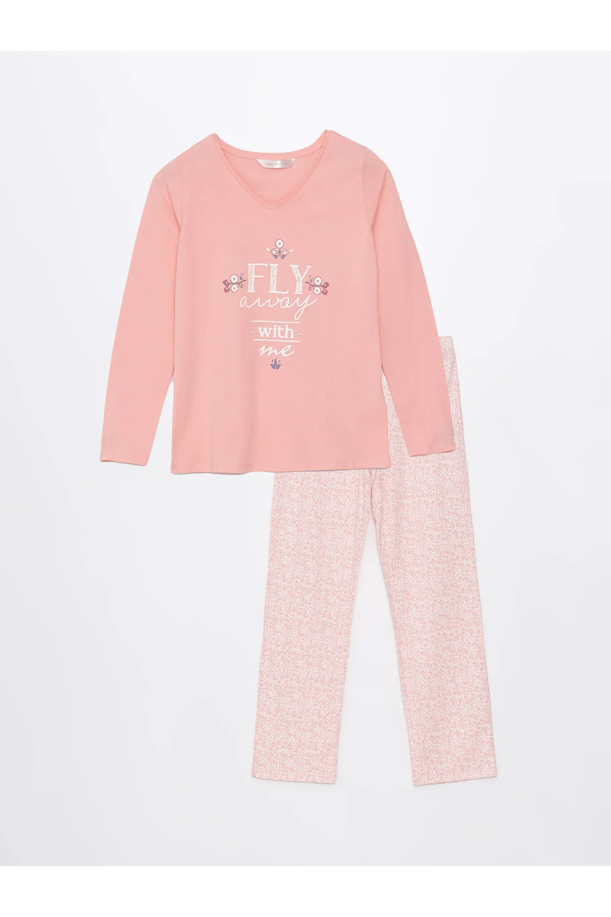 LC Waikiki  Bedrucktes Langarm-Damenpyjama-Set mit Rundhalsausschnitt