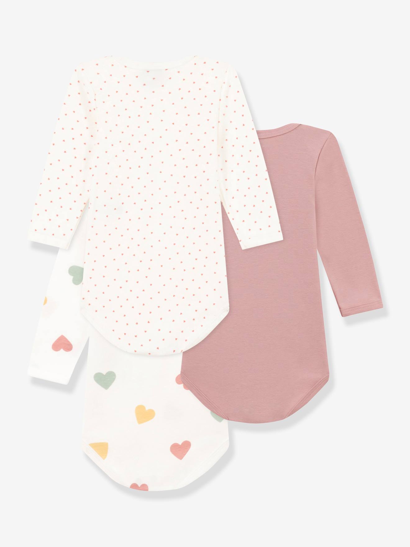 Lot de 3 bodies manches longues coeurs bébé en coton PETIT BATEAU blanc imprimé