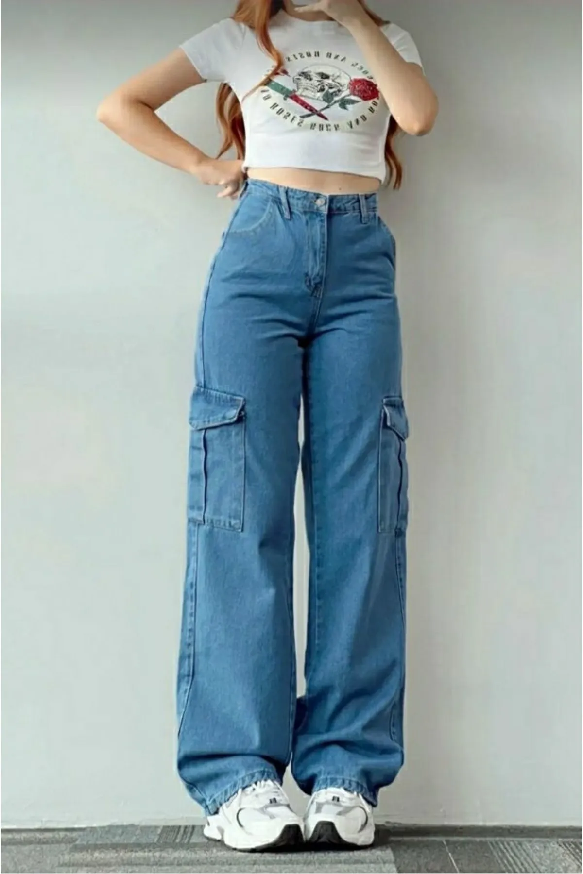 Trn JNS  Hayley Damen-Palazzo-Jeans in mittelblauer Cargo-Tasche ohne Gesäßtasche mit extra hoher Taille