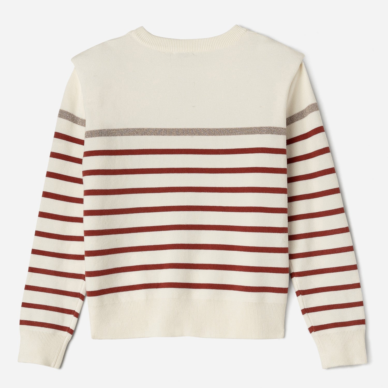 Pull écru tricot rayures brique et dorée