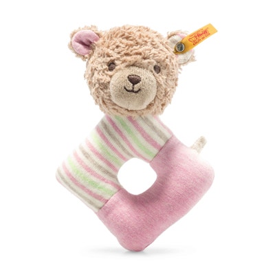 GOTS Rosy Teddybär Greifring mit Rassel, 15 cm, rosa