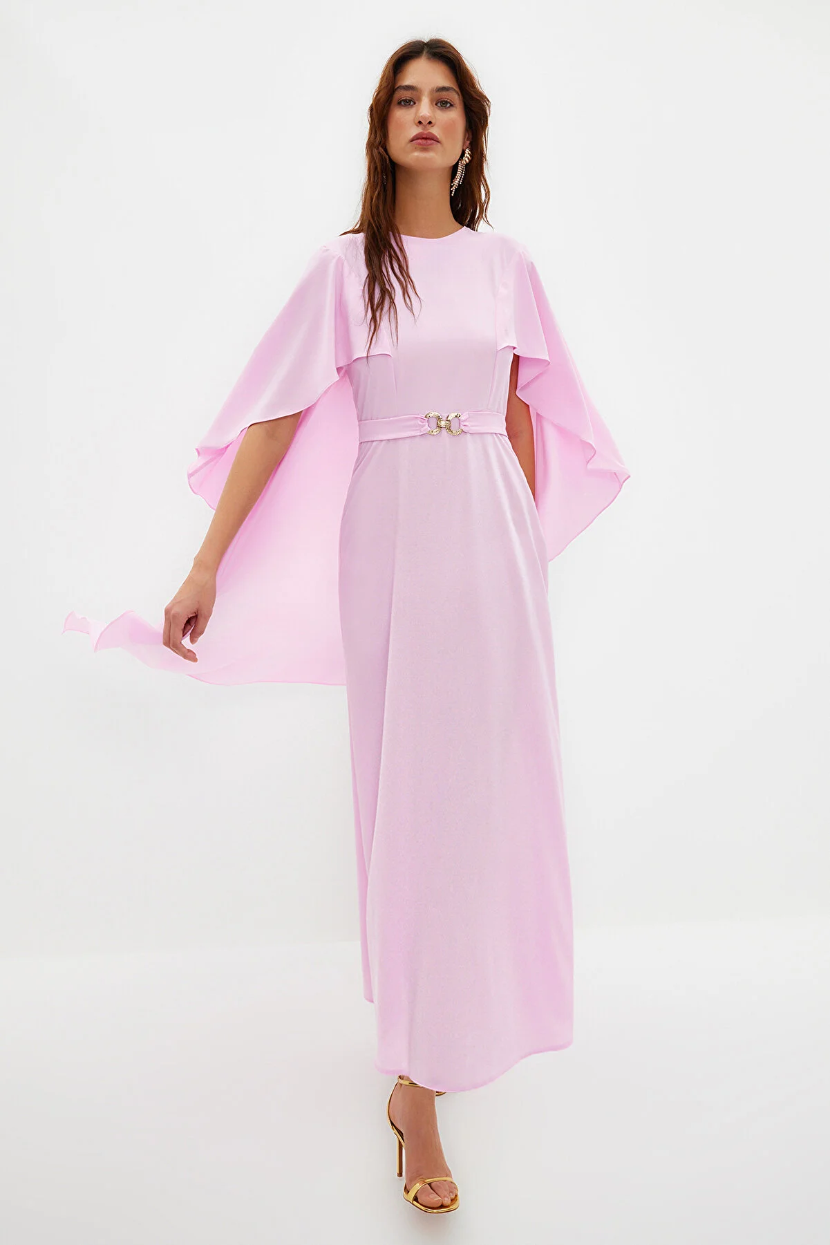 Trendyol Modest  Lilafarbenes Cape mit Gürtel, detailliertes, elegantes gewebtes Abendkleid TCTSS24DB00003
