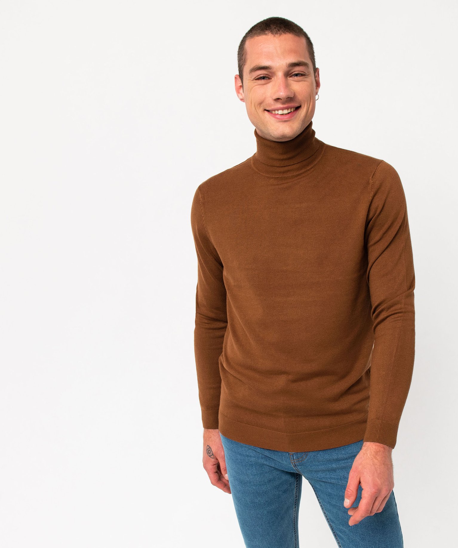 Pull à col roulé en maille fine homme beige fonce | GEMO