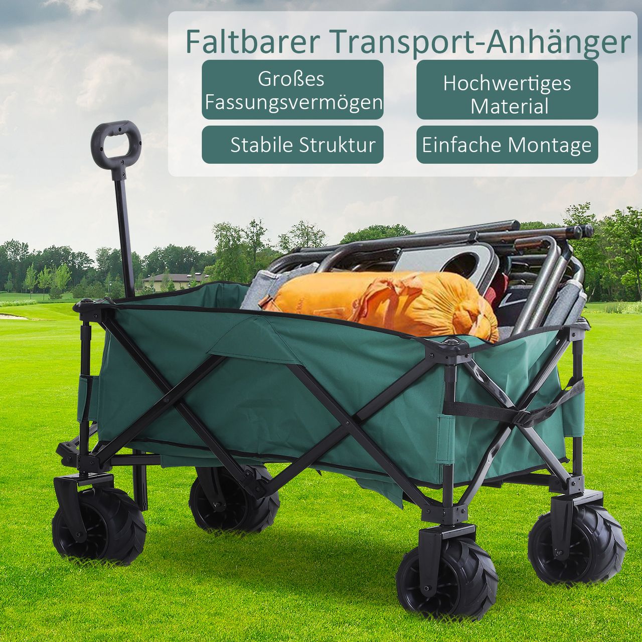 Outsunny Bollerwagen Faltbarer Handwagen 360° Gartenwagen Transportwagen mit Teleskop Griff Verstellbarer Griffhöhe Strandwagen bis 20 kg Tragkraft Metall Oxford Grün 108 x 53 x 59-89 cm