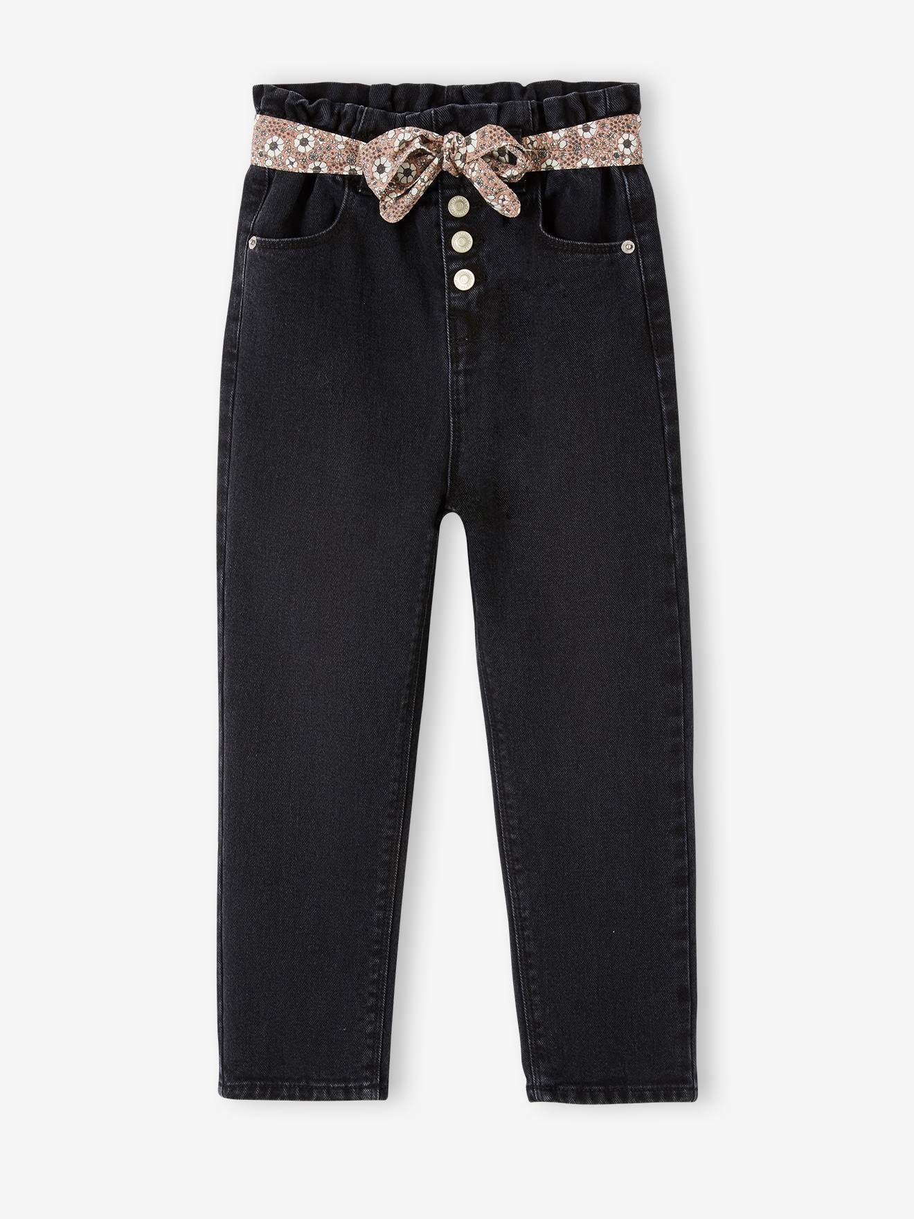 Vertbaudet Mädchen Paperbag-Jeans mit Blumen-Gürtel - grauer denim