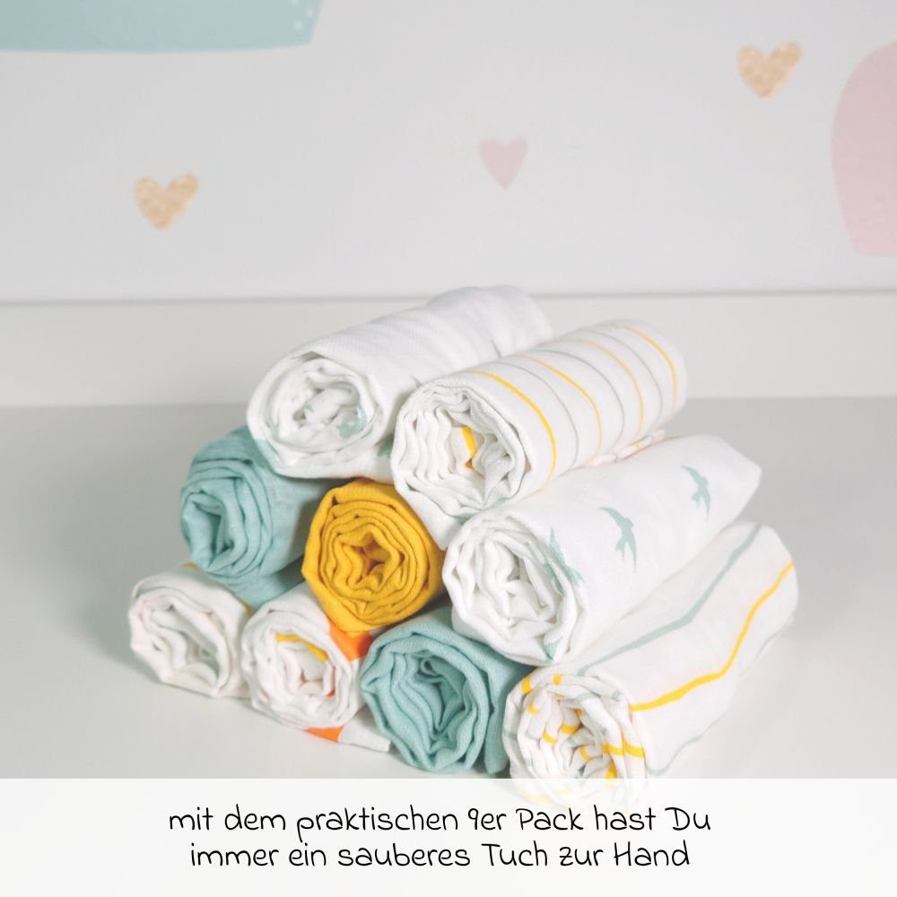 LaLoona Stoffwindeln Grün Gelb, Mullwindeln Mulltücher 9 Stück Spucktücher 70 x 70 cm 100 % Baumwolle