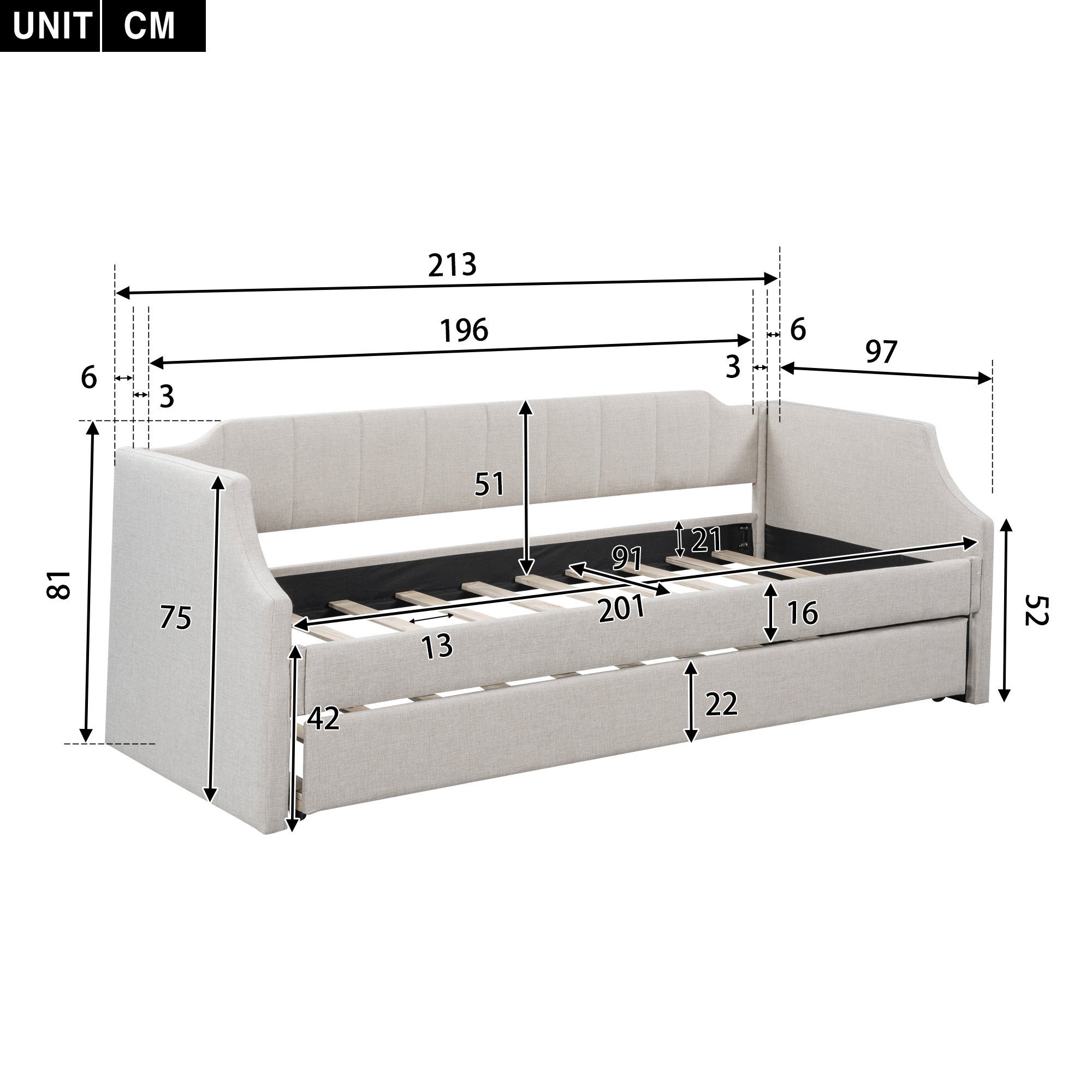 HAUSS SPLOE Schlafsofa Schlafsofa Holzbett Schiebebett Kinderbett Einzelbett, Gepolstertes Single Daybed mit Rollbett, Ohne Matratze, Ohne Matratze