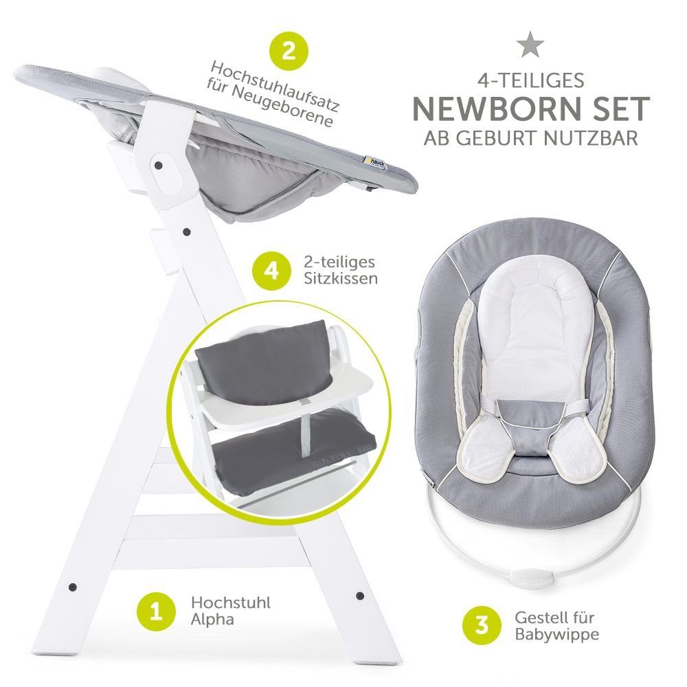 Hauck Hochstuhl Alpha Plus White - Newborn Set (Set, 4 St), Holz Babystuhl ab Geburt inkl. Aufsatz für Neugeborene & Sitzauflage