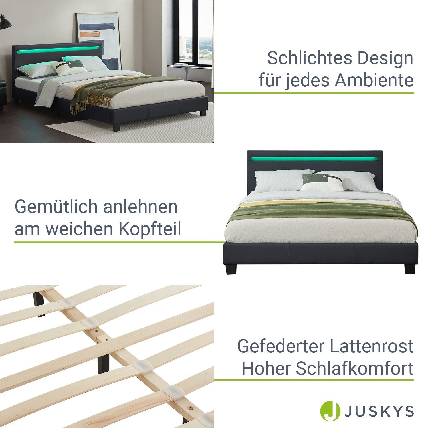 Juskys Polsterbett Paris, 140x200 cm, bunte LED-Beleuchtung, Kunstleder, weiches Kopfteil