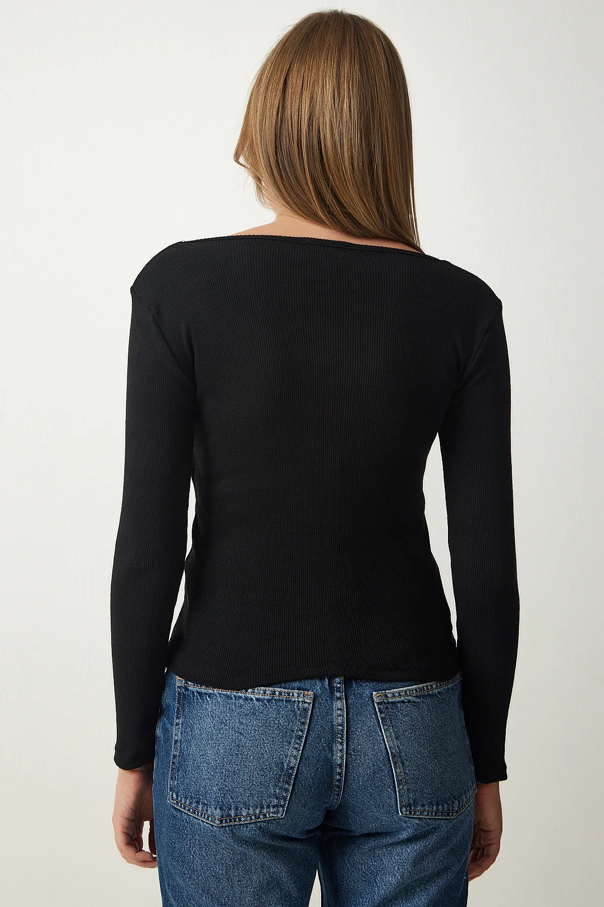 Happiness İstanbul  Schwarze schnurgebundene Strickbluse mit quadratischem Ausschnitt für Damen GT00052