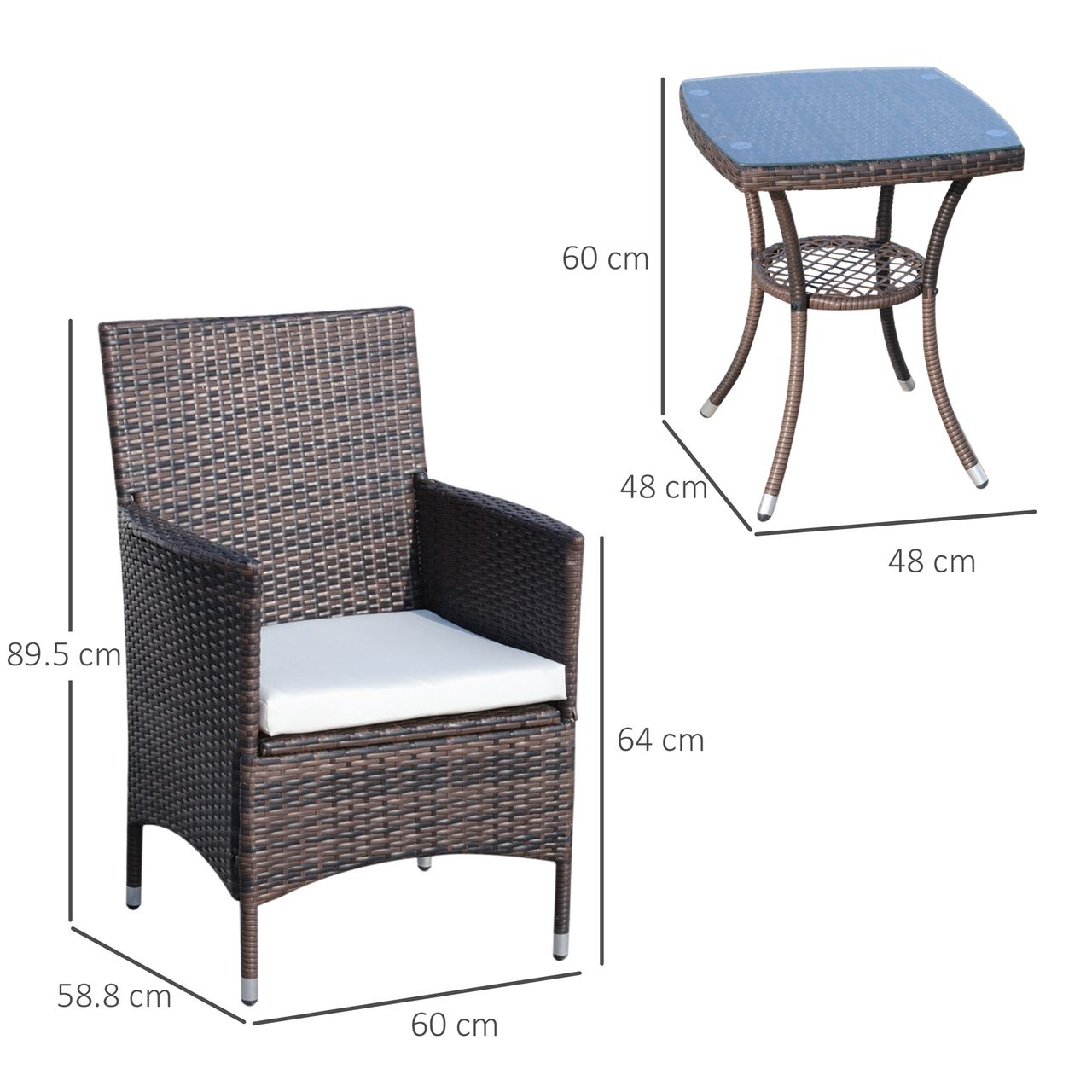 Outsunny 3-tlg. Balkonmöbel Set Sitzgruppe Rattan Gartenset Polyrattan Braun