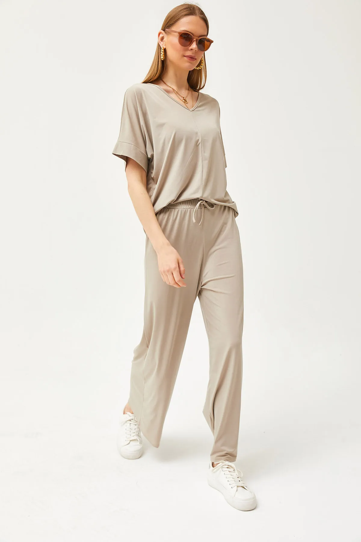 Olalook  Damen Beige Top Bluse Unterteil Palazzo Locker Strick Set TKM-19000267