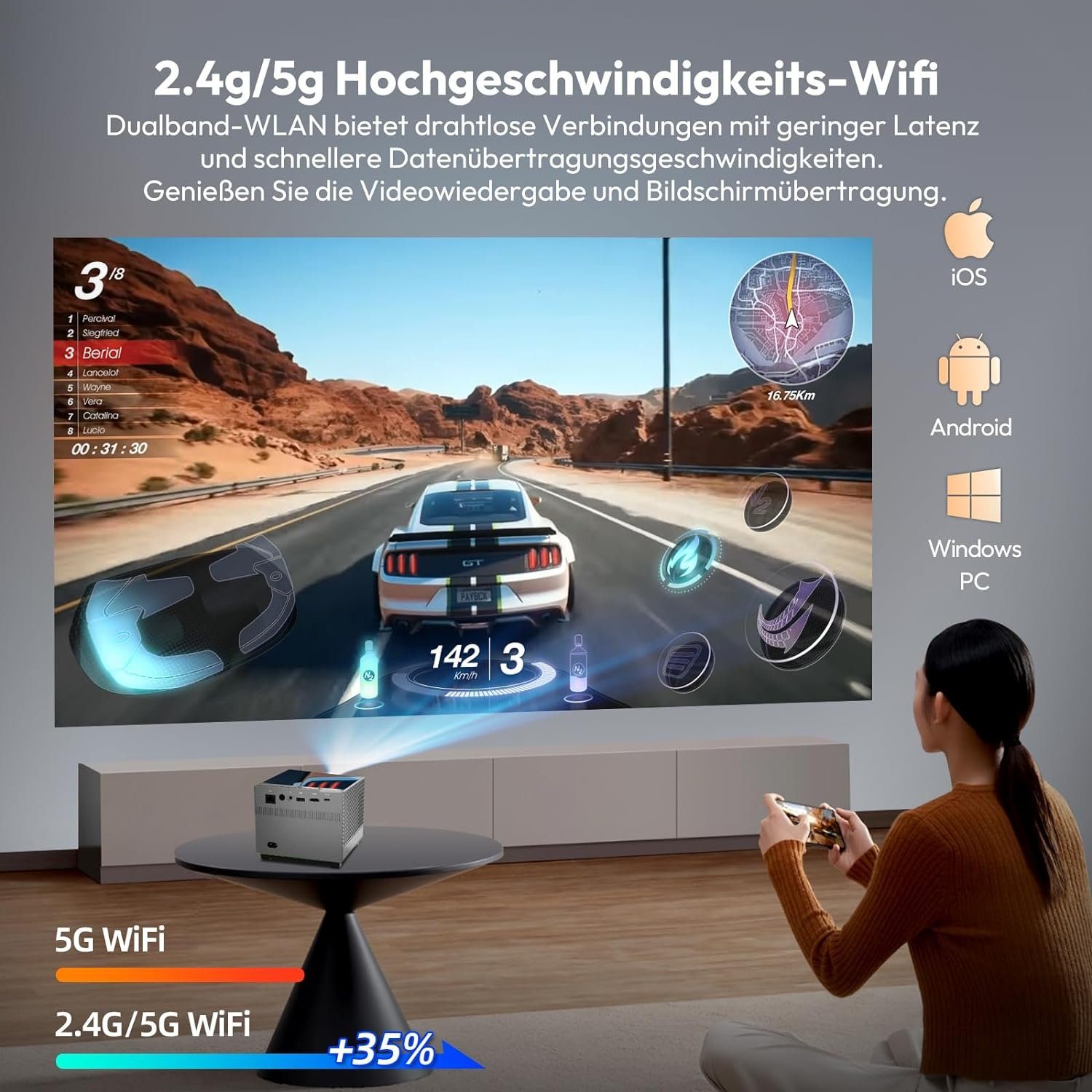 XGODY Portabler Projektor (10000 lm, 5000:1, 1920 x 1080 px, Elektrischer Fokus Android 9 Projektor 200ANSI Lumen Unterstützung)