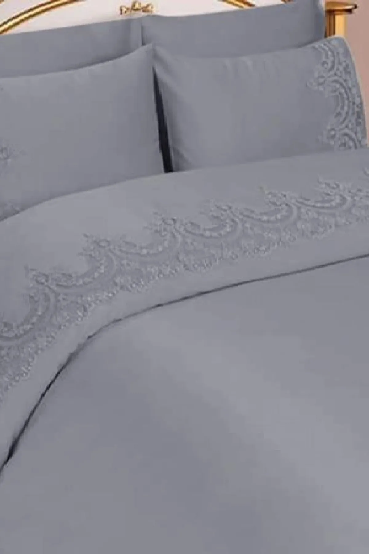 Çeyiz Diyarı  Französisches Guipure-Sultans-Bettbezug-Set, Grau