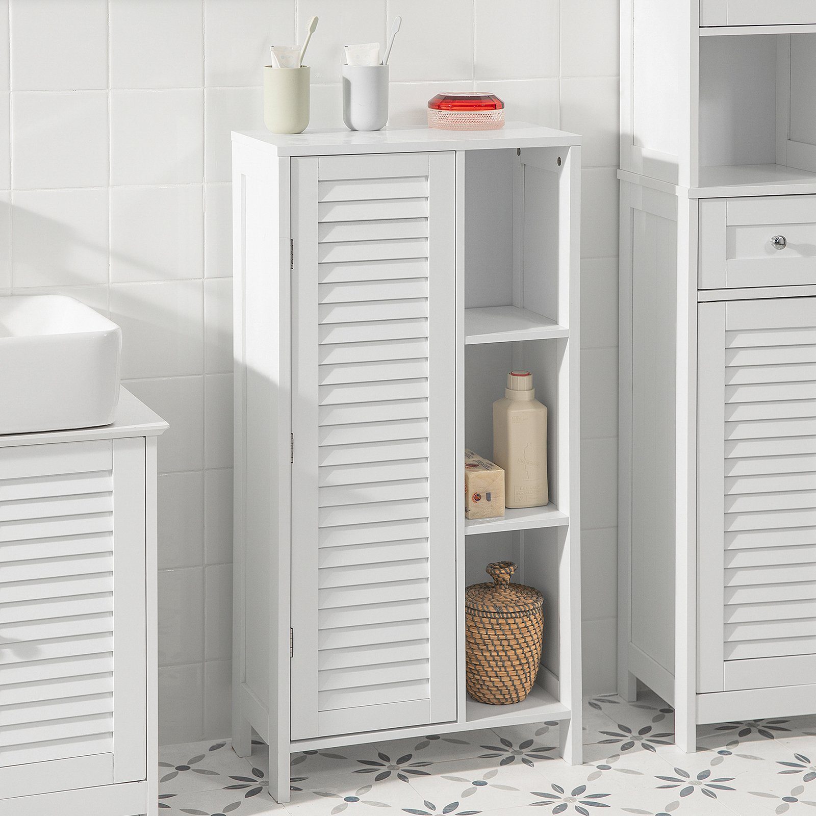 SoBuy Badkommode BZR39, Badschrank mit Lamellentür Badezimmerschrank Aufbewahrungsschrank