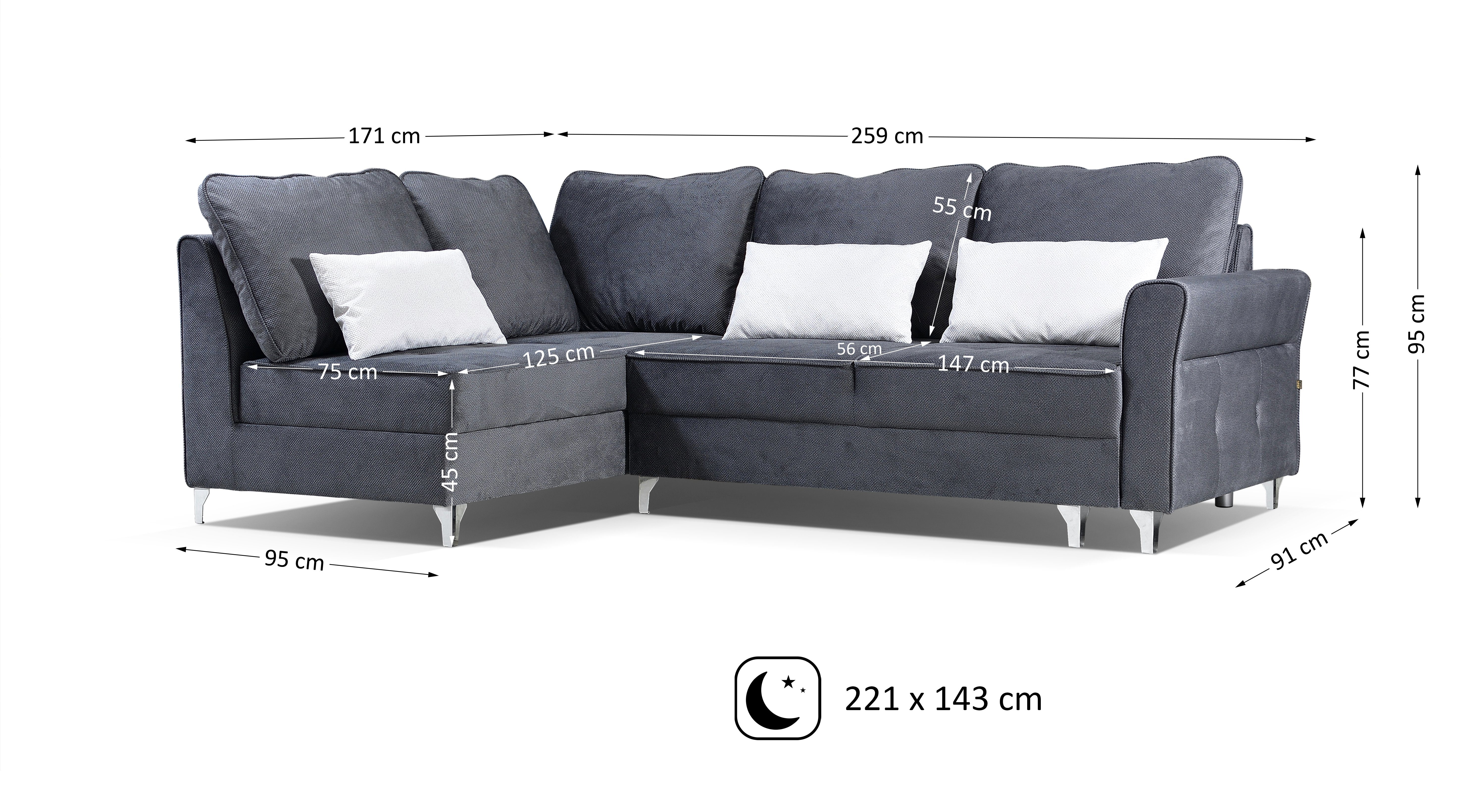 Beautysofa Polsterecke Hilton L, Ottomane links oder rechts, mit Metallbeine, Velour Polsterecke, Eckcouch mit Schlaffunktion und Hocker