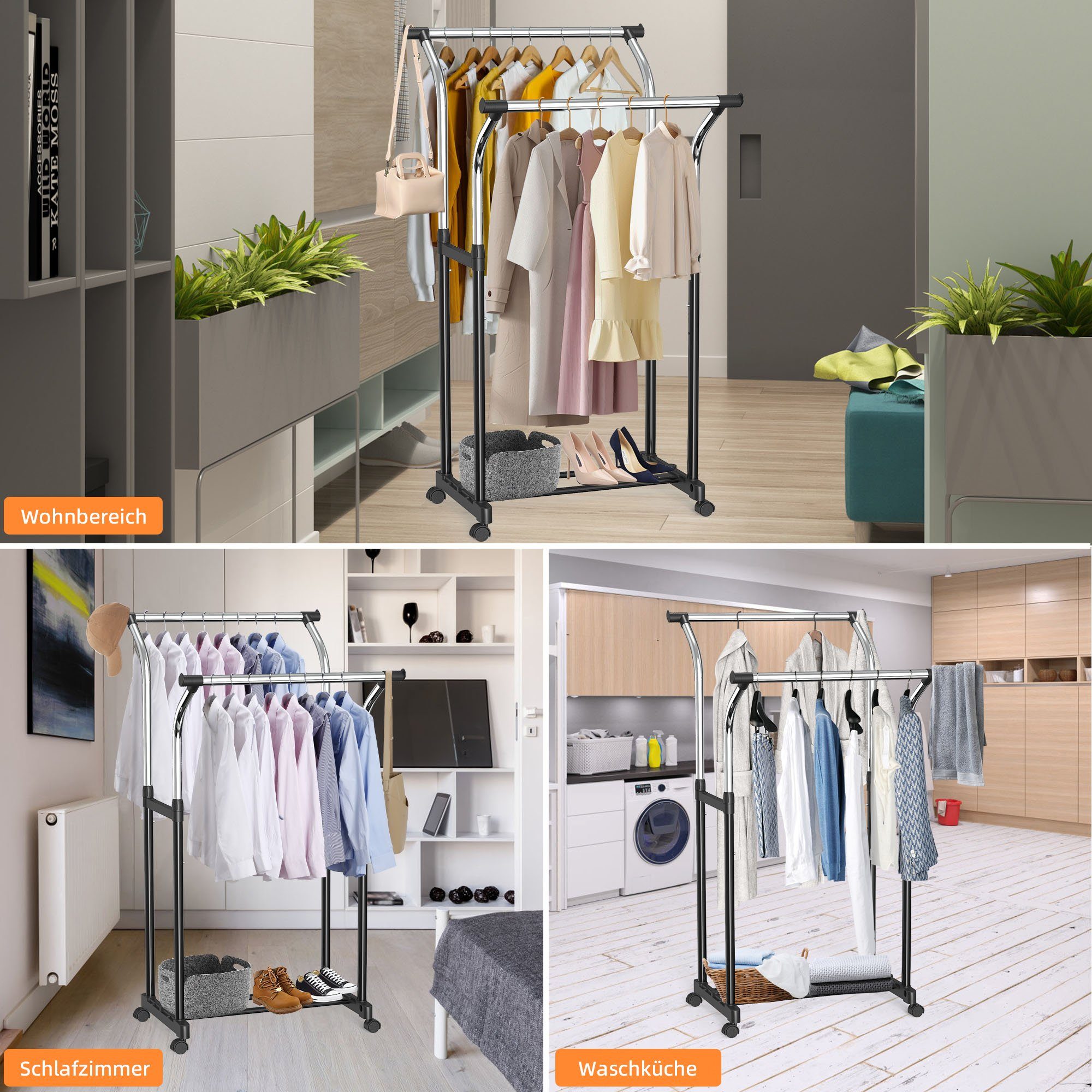 NEFOSO Garderobenständer Y-förmiger Doppelschienen, Höhenverstellbarer, schwarz Rollgarderobe, (1 St), Kleiderständer, Schlafzimmer Bodenstehender Kleiderwagen, Chrom