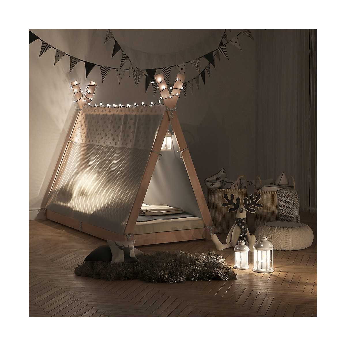 Kinderbett Hausbett Tipi + Überwurf 90x200cm Indianerzelt Indianerbett