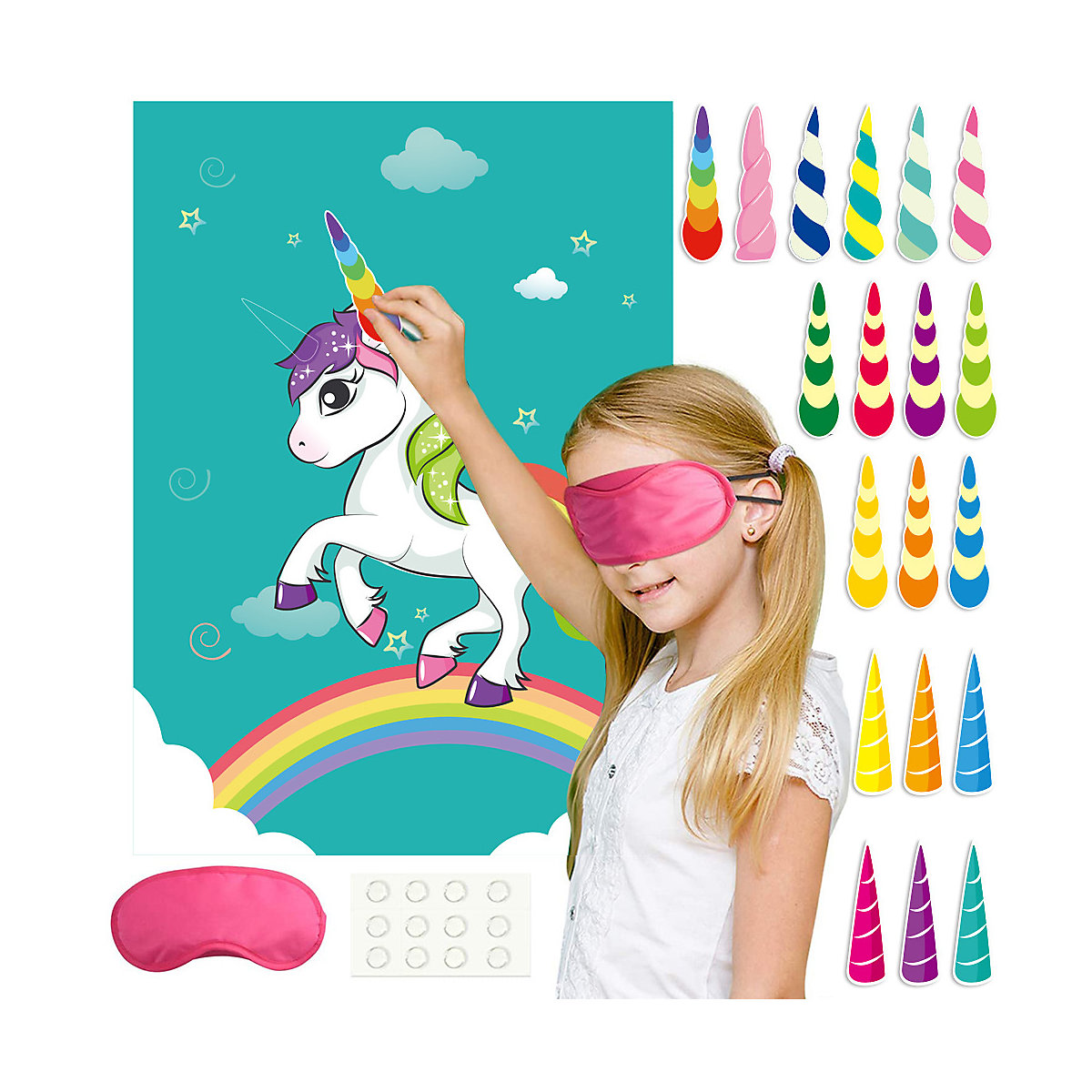 frler Partyspiel Einhorn Poster mit 34 Horn-Aufkleber Mitgebsel für Kinder