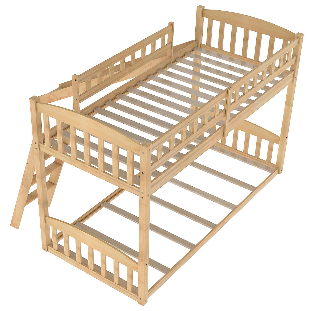 Etagenbett mit Rutsche, Niedriger Kinderbett Etagenbettrahmen Massives Kiefernbett 90 x 200 cm