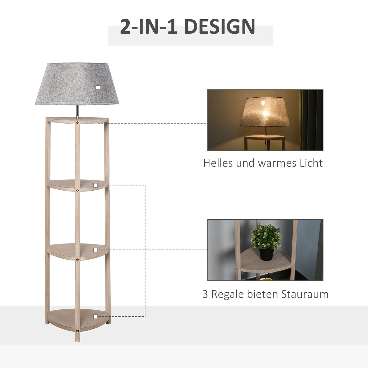 HOMCOM Stehlampe Ablage Schlafzimmer Standleuchte Stehleuchte Lampenschirm für Wohnzimmer Schlafzimmer 40 W Skandinavisch Holz   Leinen grau 46 x 46 x 158,5 cm