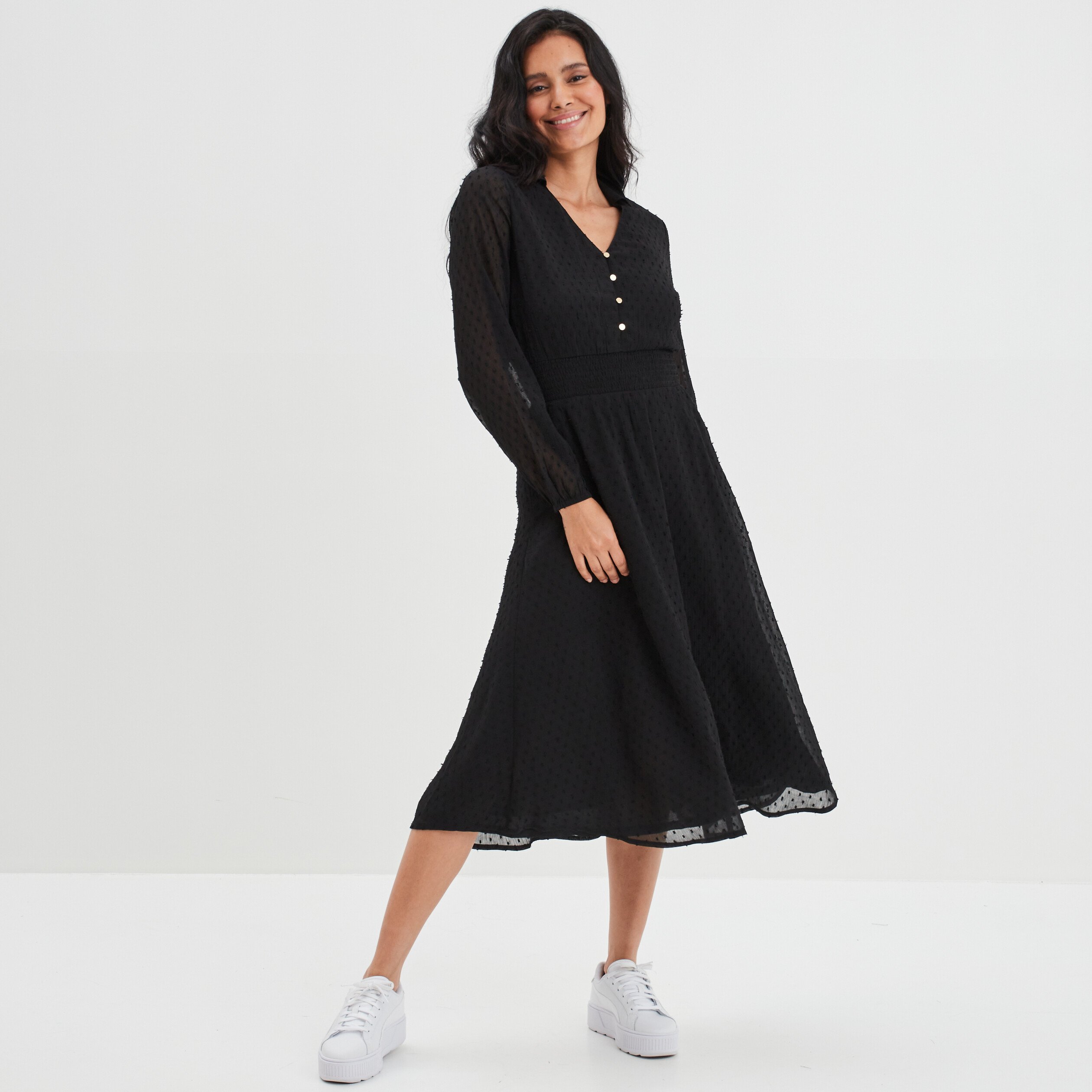 Robe longue plumetis manches longues noir femme | La Halle