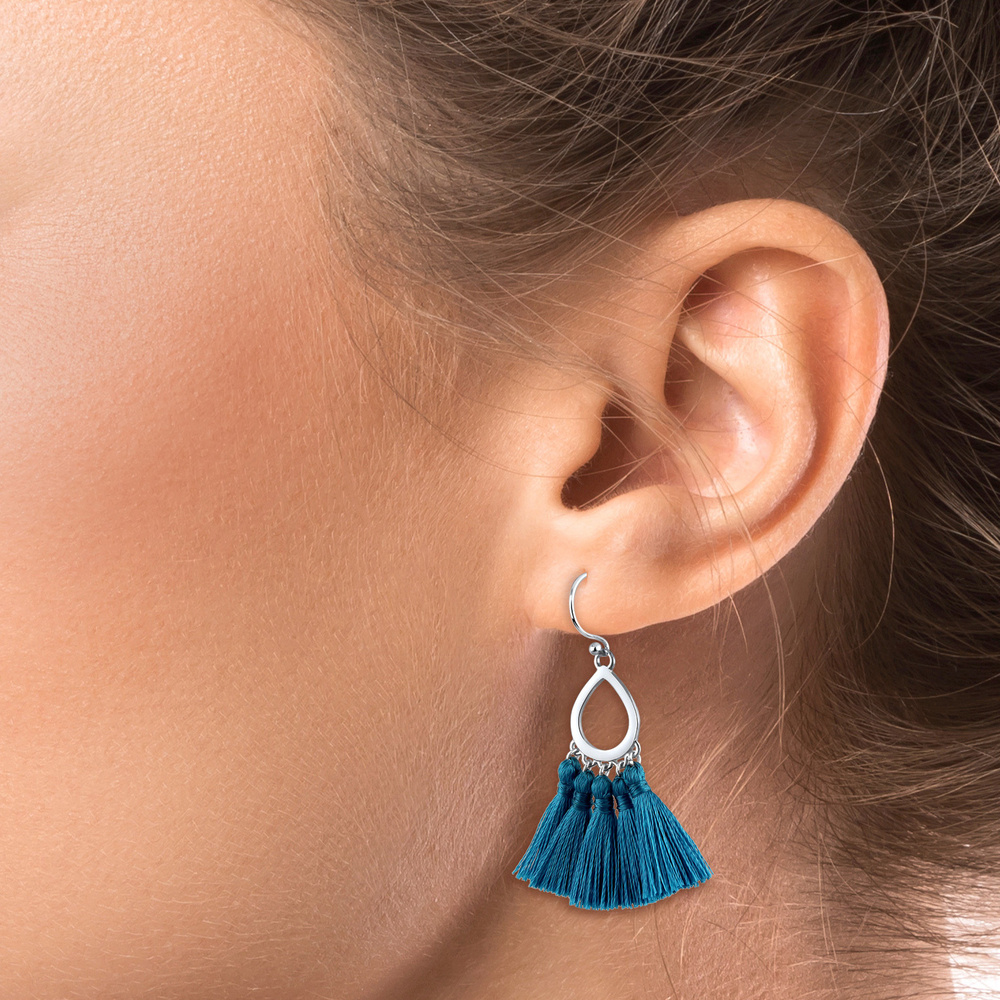 Elli Elli Boucles d'Oreilles Forme de Goutte Boho Festival Pompon Bleu Boucles d'Oreil Boucles d'oreilles