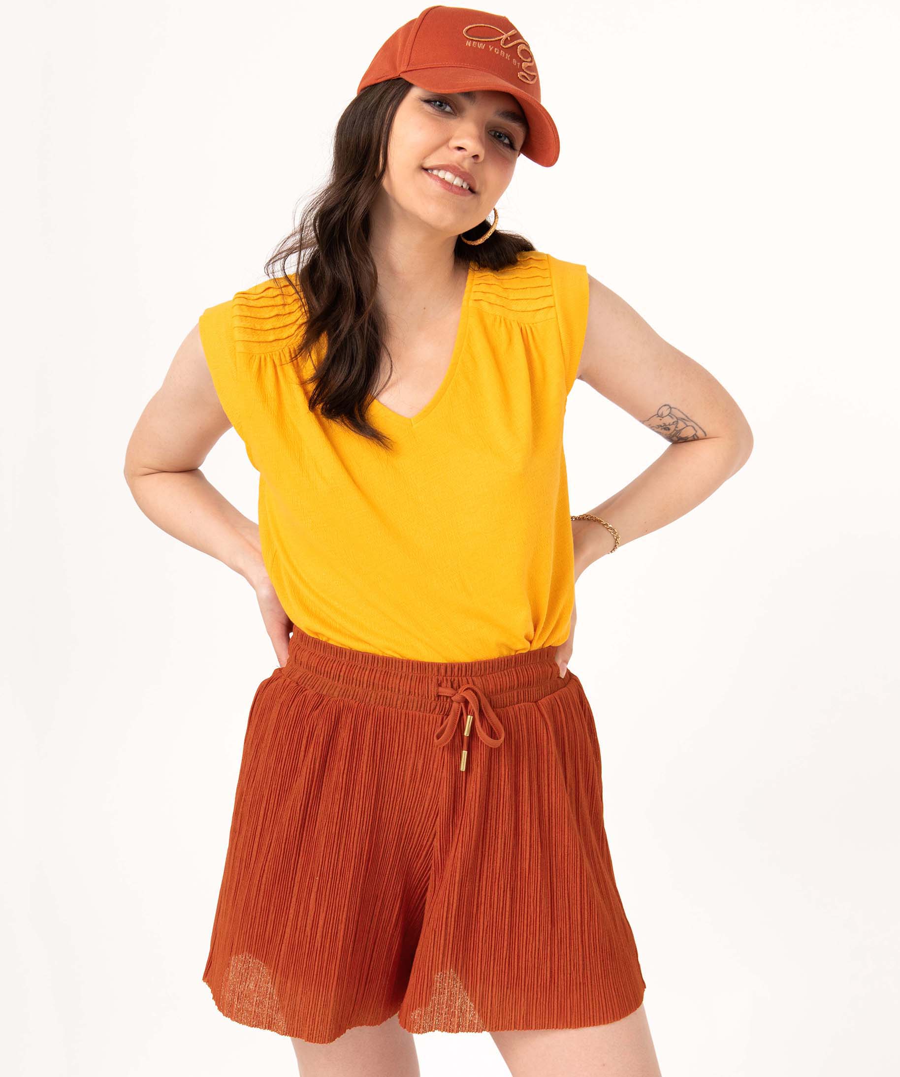 Tee-shirt sans manches en maille pailletée femme jaune | GEMO