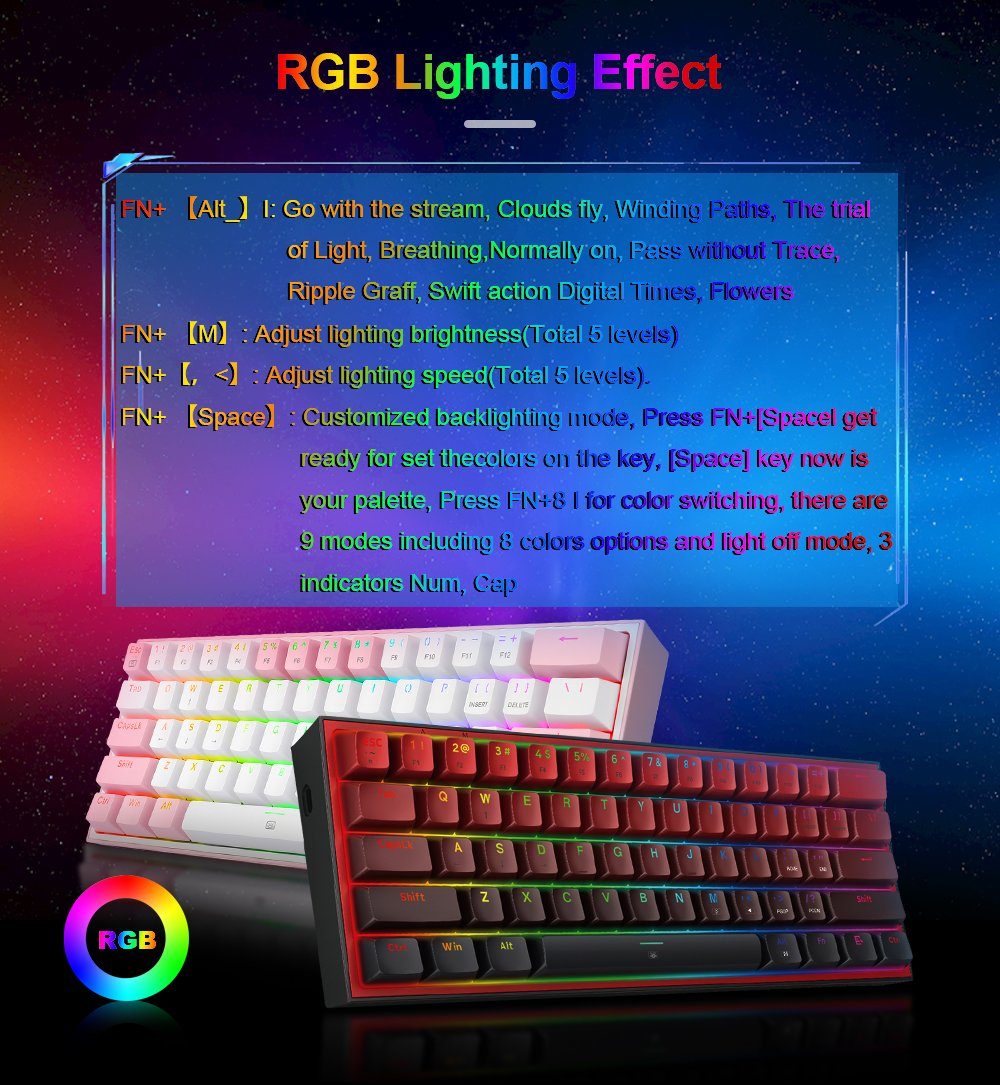 Redragon Redragon K617 RGB Mechanische Gaming-Tastatur mit 61 Tasten Gaming-Tastatur (höhenverstellbar, Pro Software anpassbar)