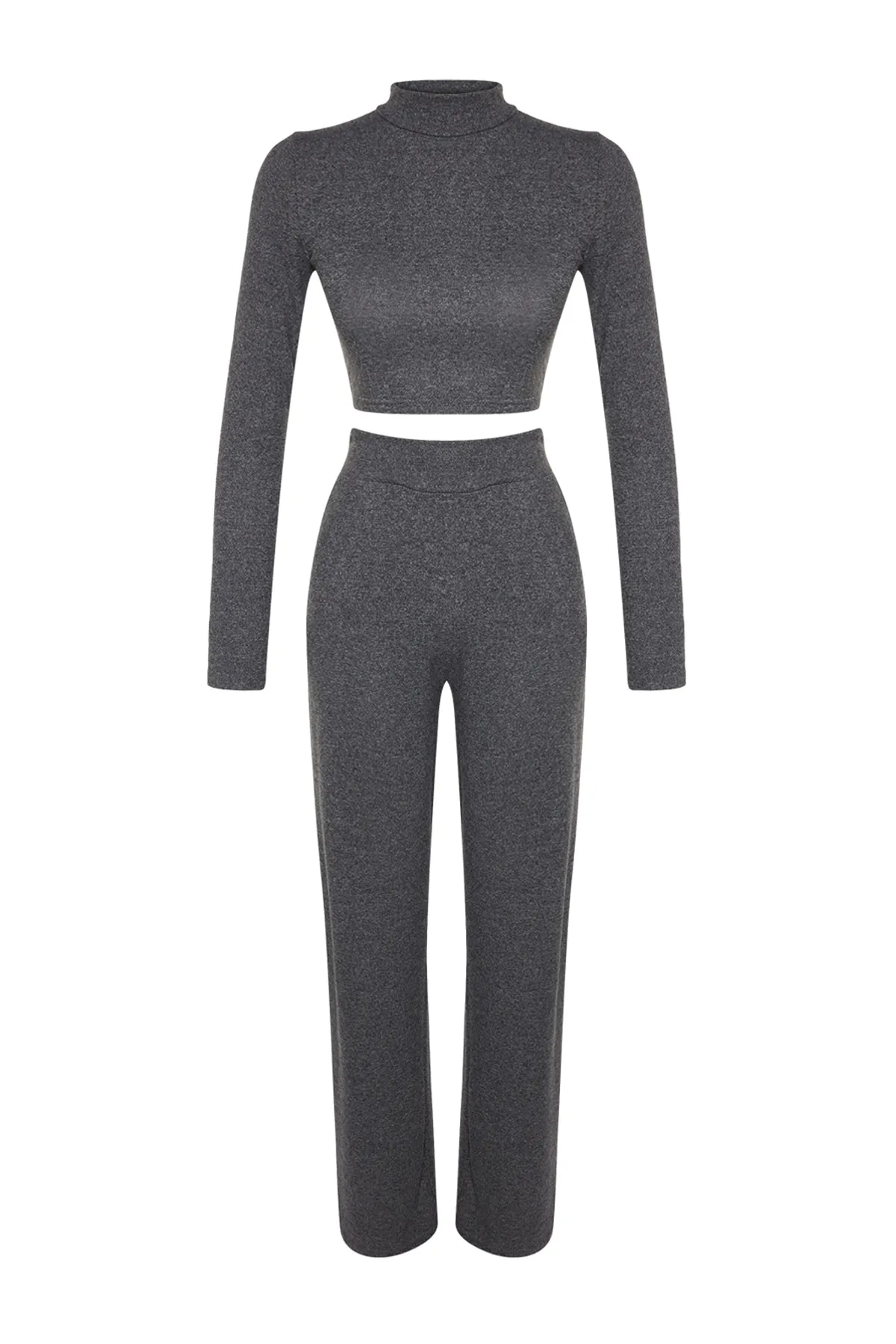 Trendyol Collection  Anthrazitfarbenes, weiches Crop-Top mit Stehkragen und weitem Bein/weitem Bein, gestricktes Unterteil-Oberteil-Set TWOAW24AU00077
