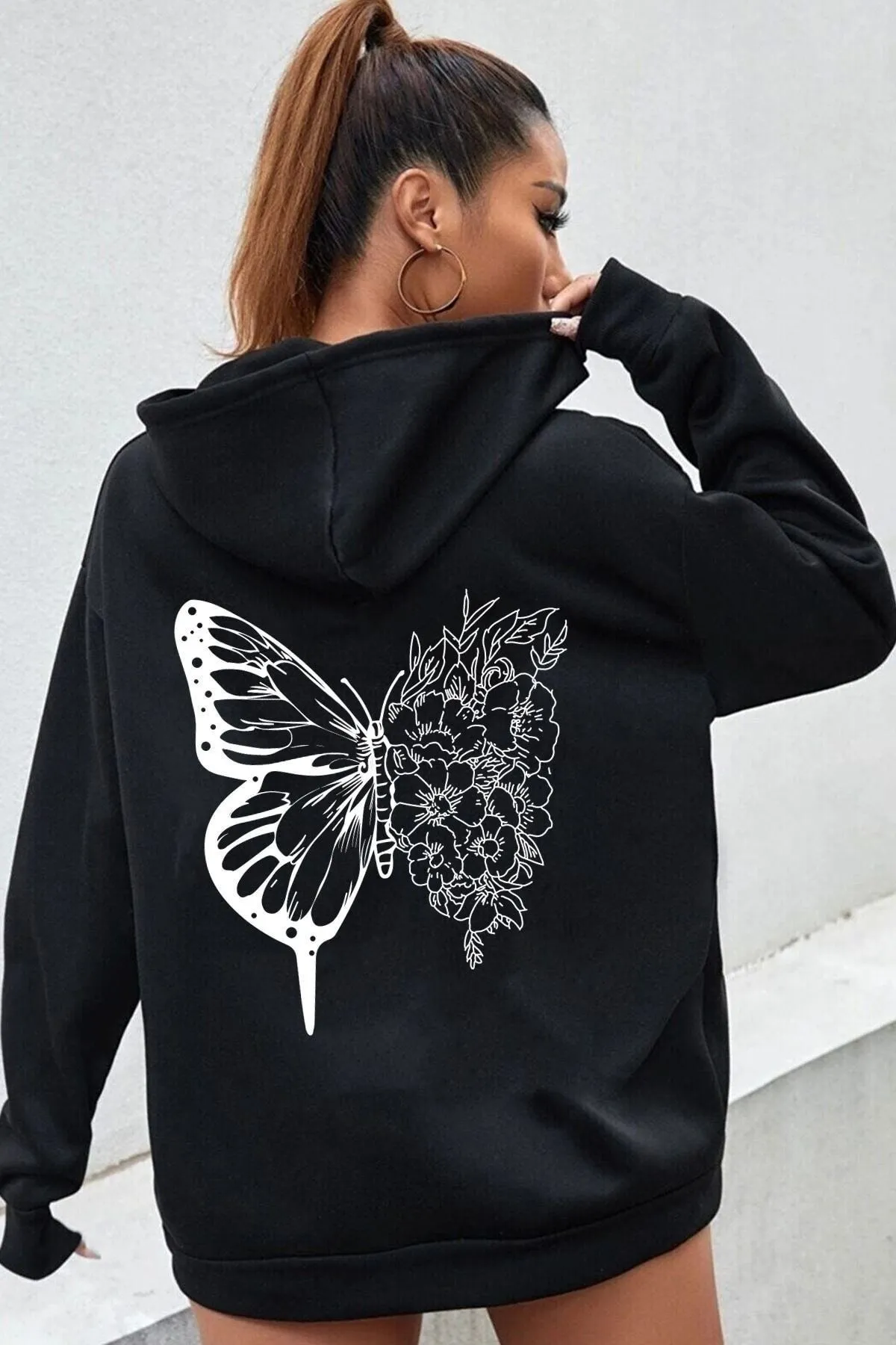 Know  Schwarzer Oversize-Sweatshirt-Hoodie mit Blumen-Schmetterlings-Print