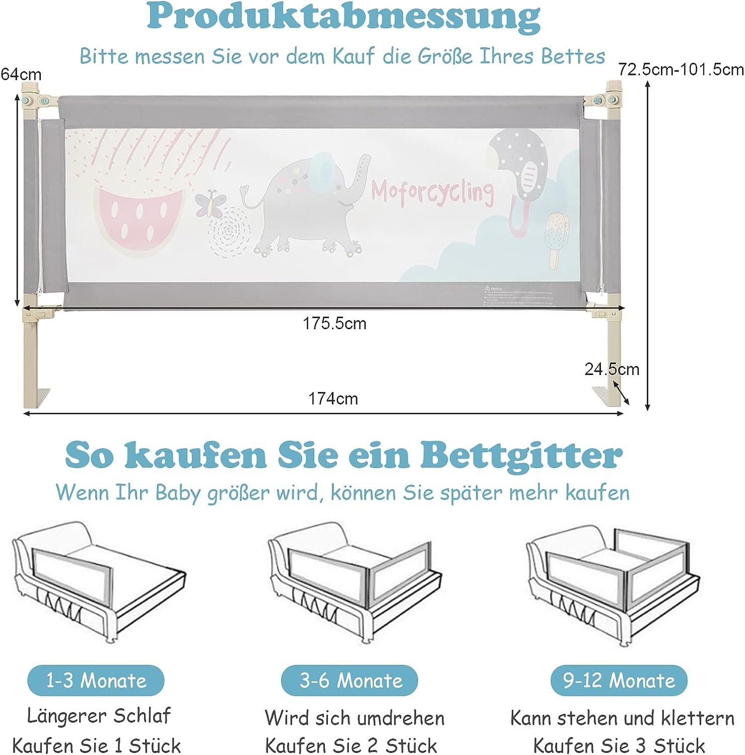 KOMFOTTEU Bettschutzgitter Babybettgitter, mit Doppelschloss, höhenverstellbar