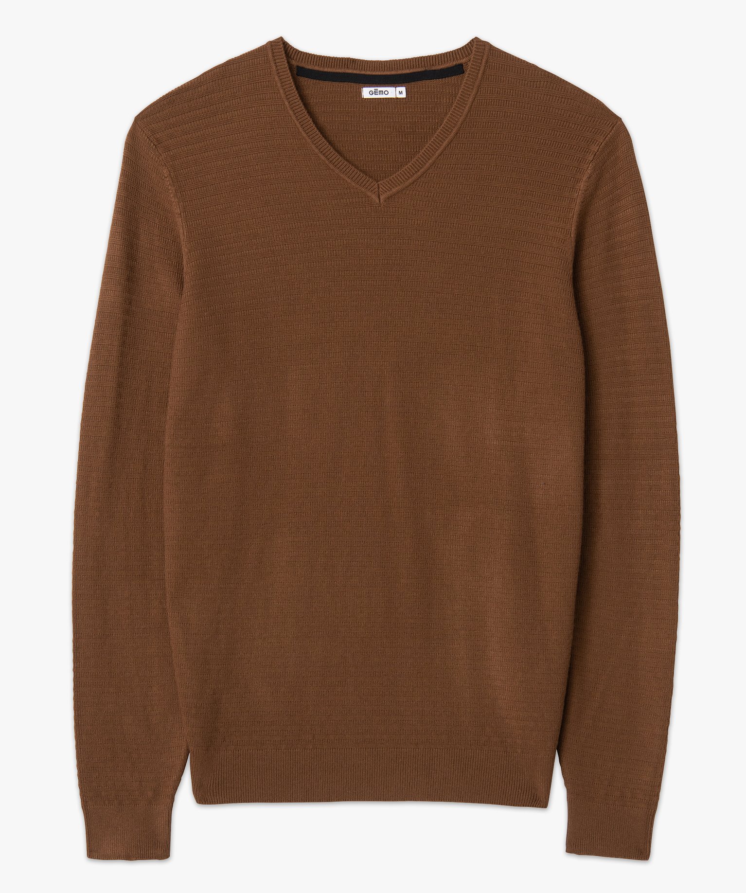 Pull homme à col V en maille fantaisie marron | GEMO