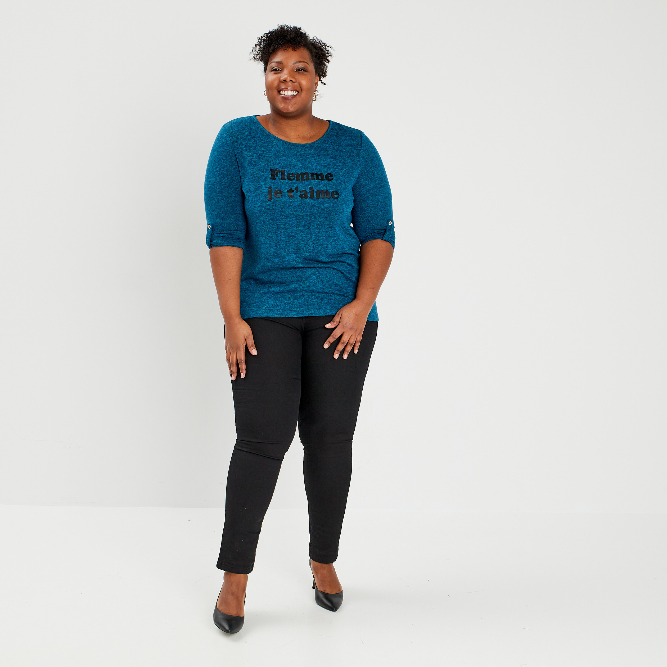 Pull manches 3 4 bleu canard femme grande taille | La Halle