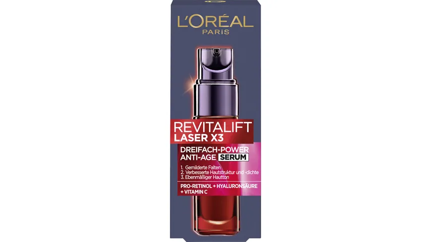 L'Oréal Paris Dermo Revitalift Laser x3 Serum Anti Age - Straffendes Anti-Aging-Serum mit Hyaluronsäure und Vitamin C 30 ml