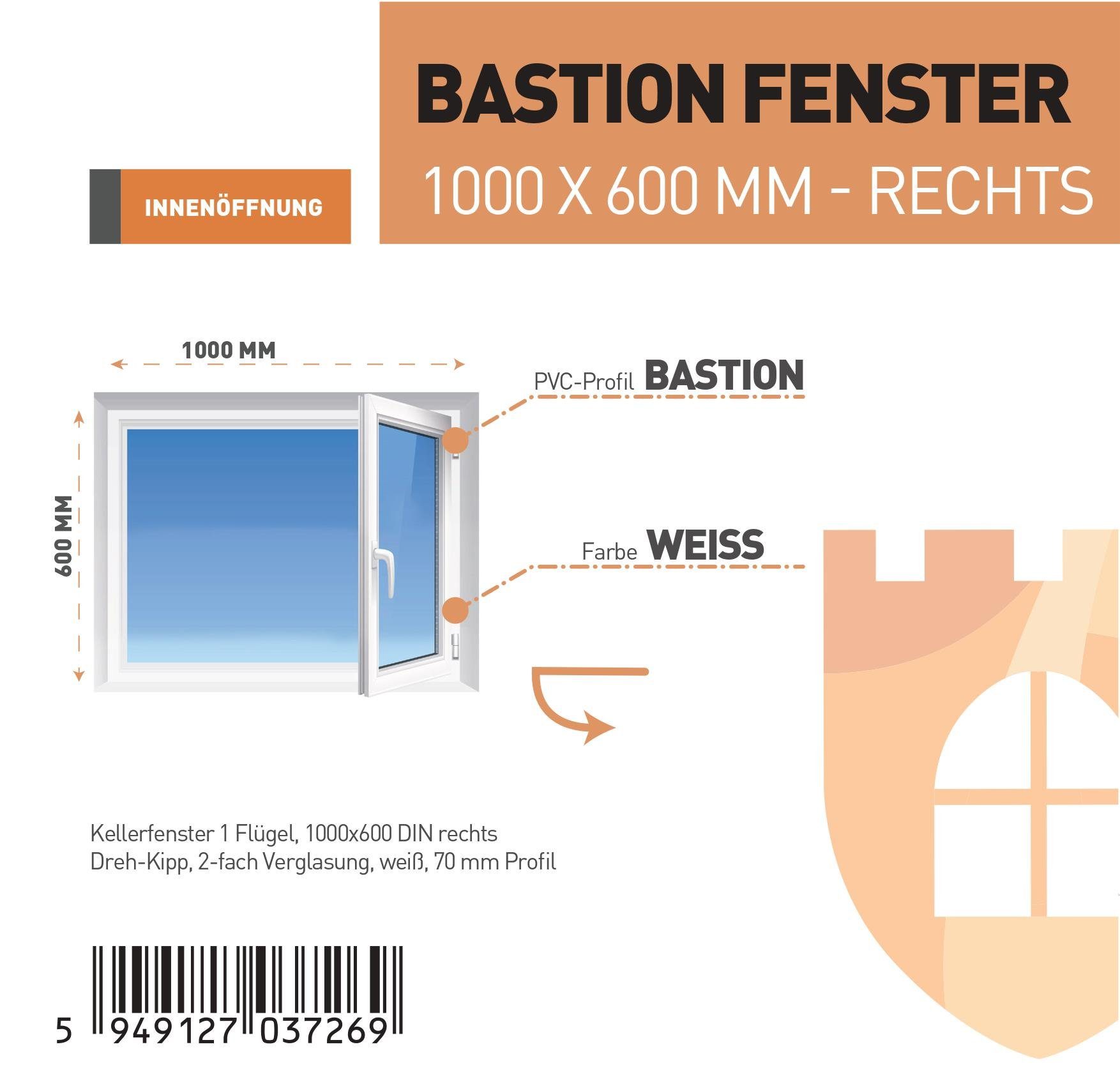 SN DECO GROUP Kellerfenster 1 Flügel 1000x600 Dreh-Kipp 2-fach Verglasung weiß 70 mm Profil, (Set), RC2 Sicherheitsbeschlag, Hochwertiges 5-Kammer-Profil