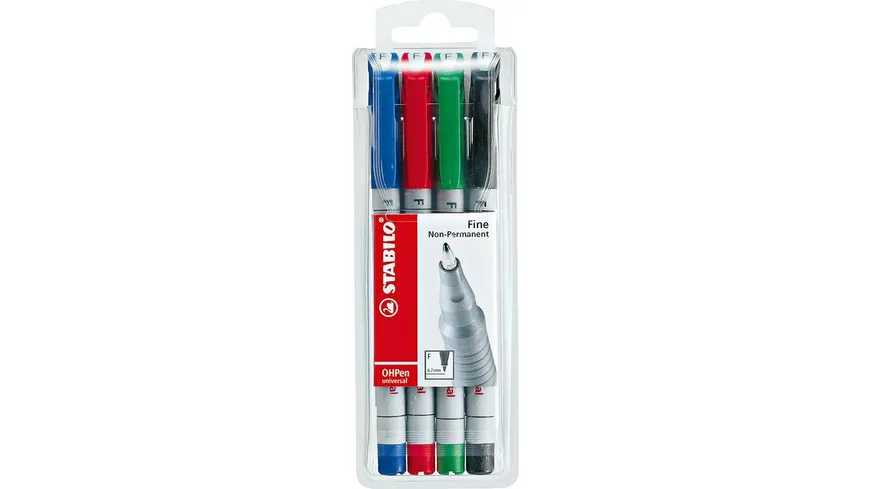 STABILO® Folienstift - STABILO OHPen universal - wasserlöslich fein - 4er Pack - grün, rot, blau, schwarz sortiert