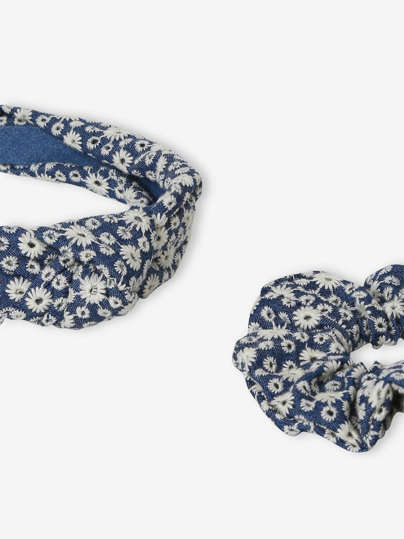 Ensemble serre-tête + choucou broderie anglaise fille bleu jean