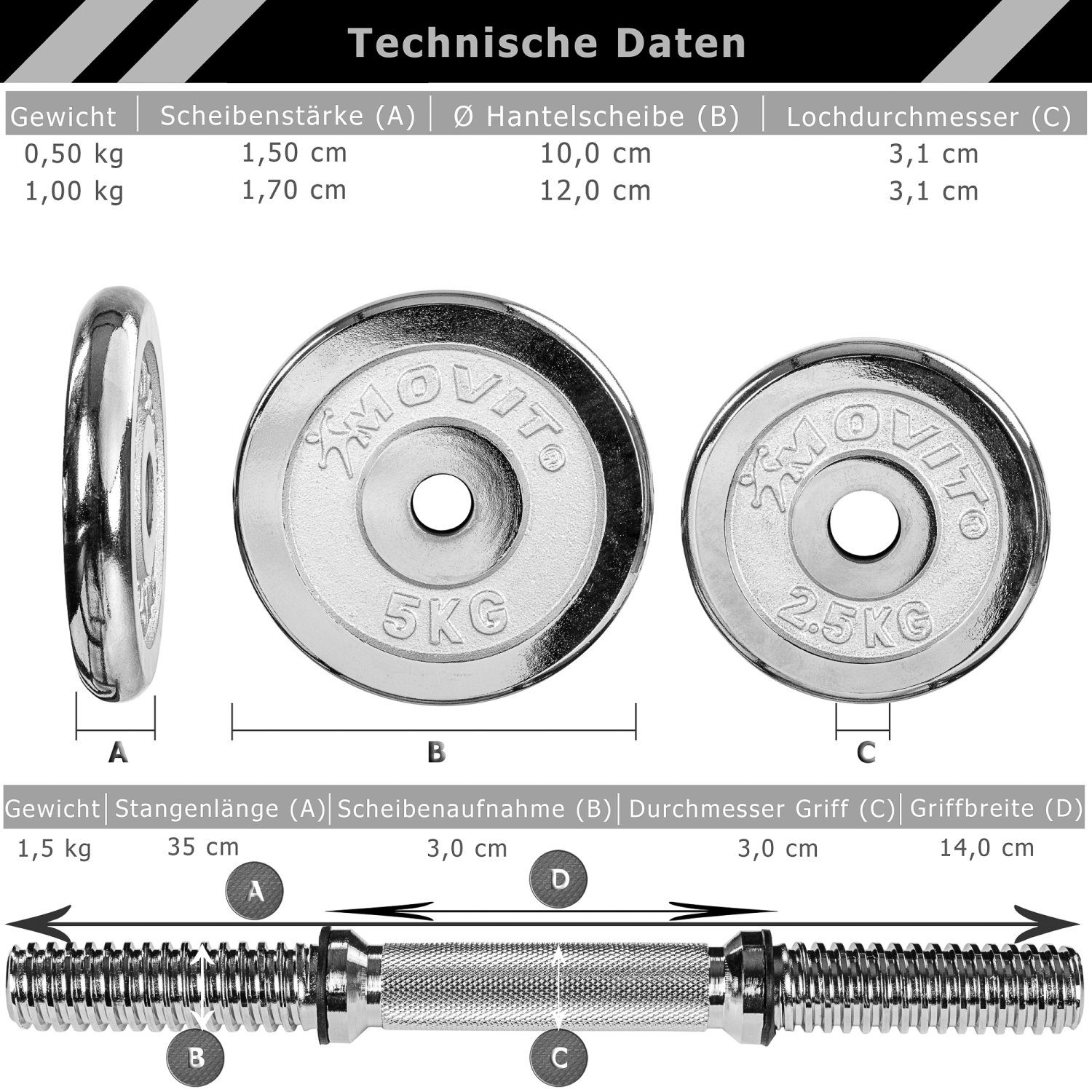 MOVIT Hantel-Set 15kg Kurzhanteln PRO 2er Set im Koffer, (Set, mit Koffer), Stange 30mm Standardnorm, Griff gerändelt, mit Sternverschlüsse
