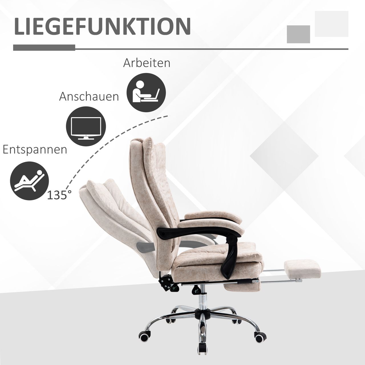 Vinsetto Bürostuhl Drehstuhl mit Liegefunktion Fußstütze Bürosesse Beige Schwarz Silber 63 x 71 x 110-118 cm