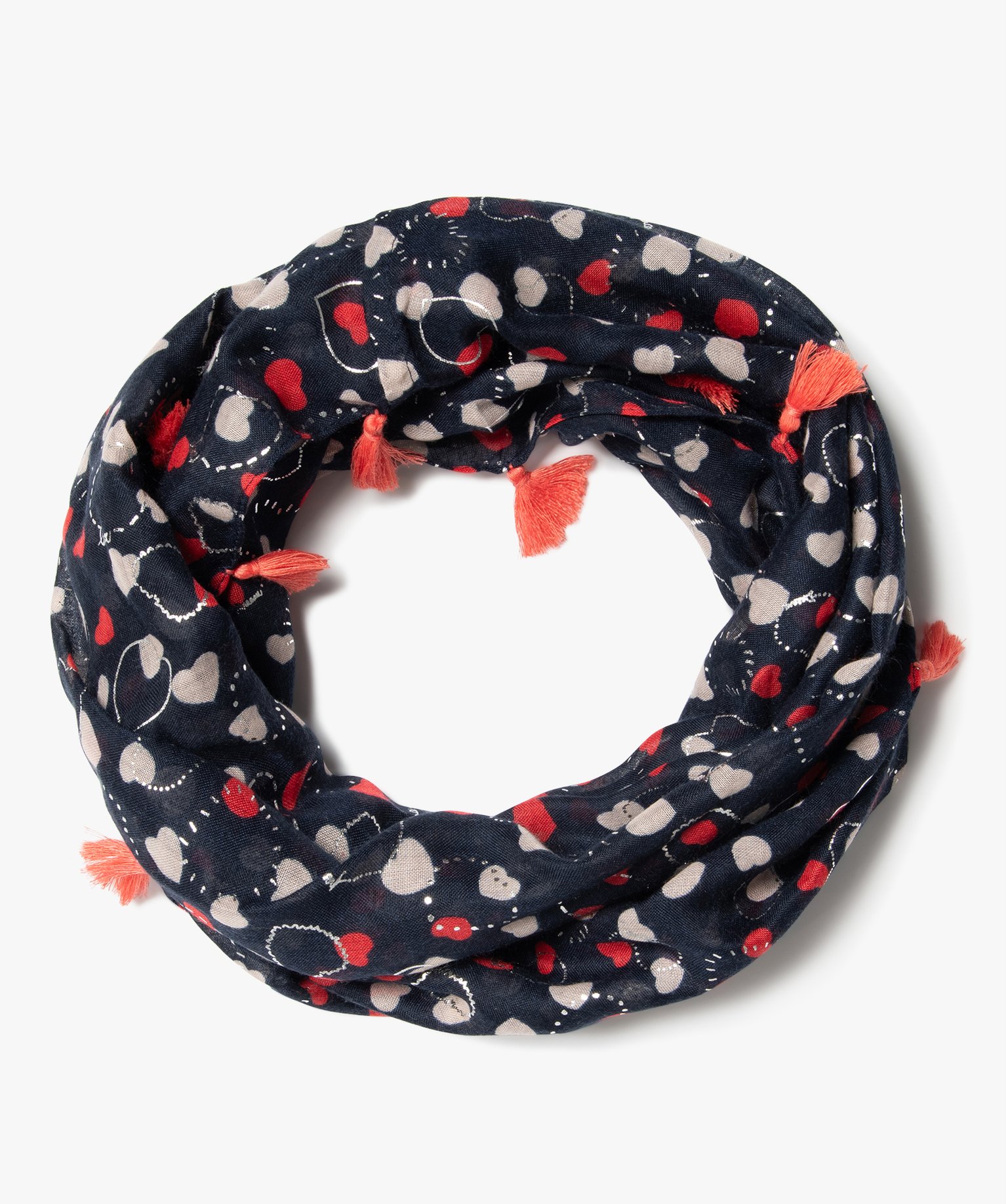 Foulard fille forme snood motif curs à paillettes et pompons marine | GEMO