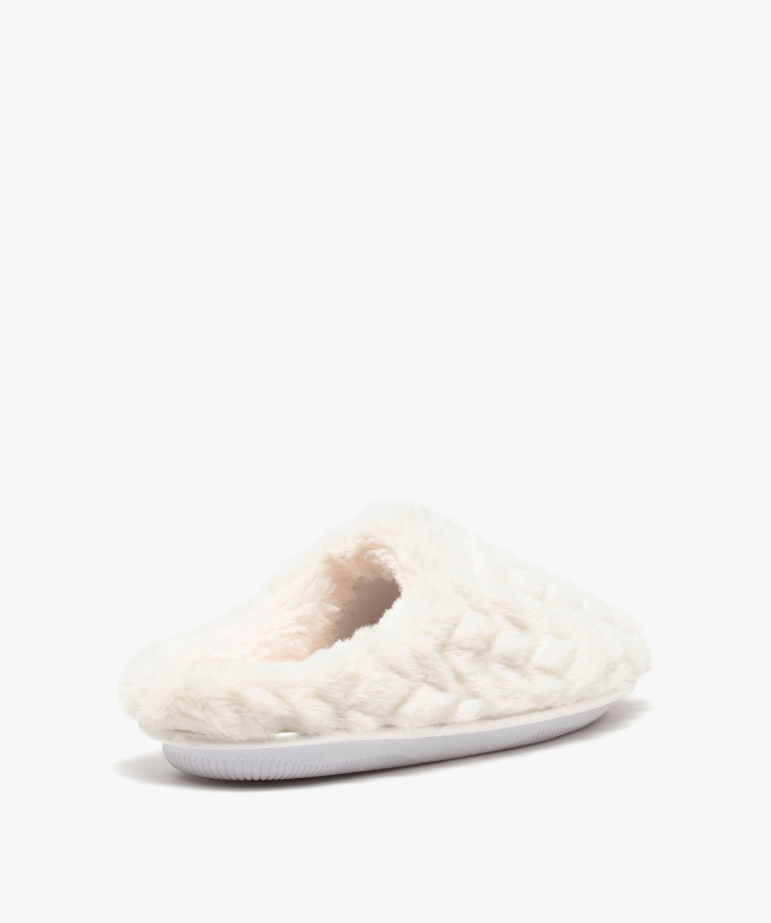 Chaussons femme mules plates unies imitation fourrure blanc | GEMO